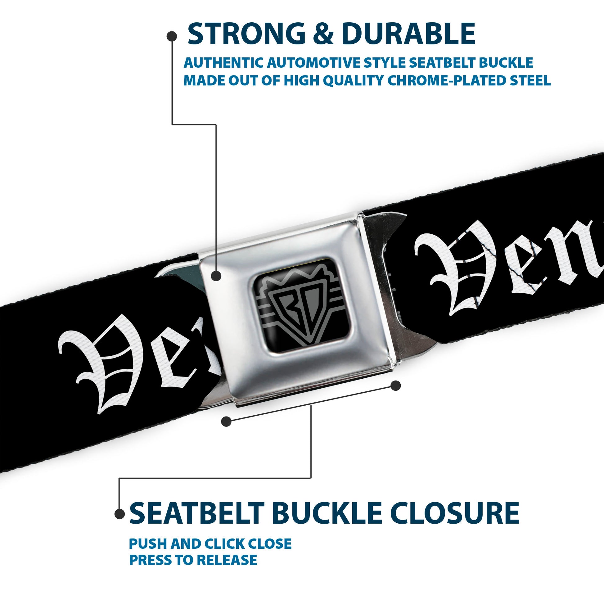 BD Wings Logo CLOSE-UP Full Color Black Silver Seatbelt Belt - VENICE Old English Black/White Webbing Seatbelt Belts Buckle-Down