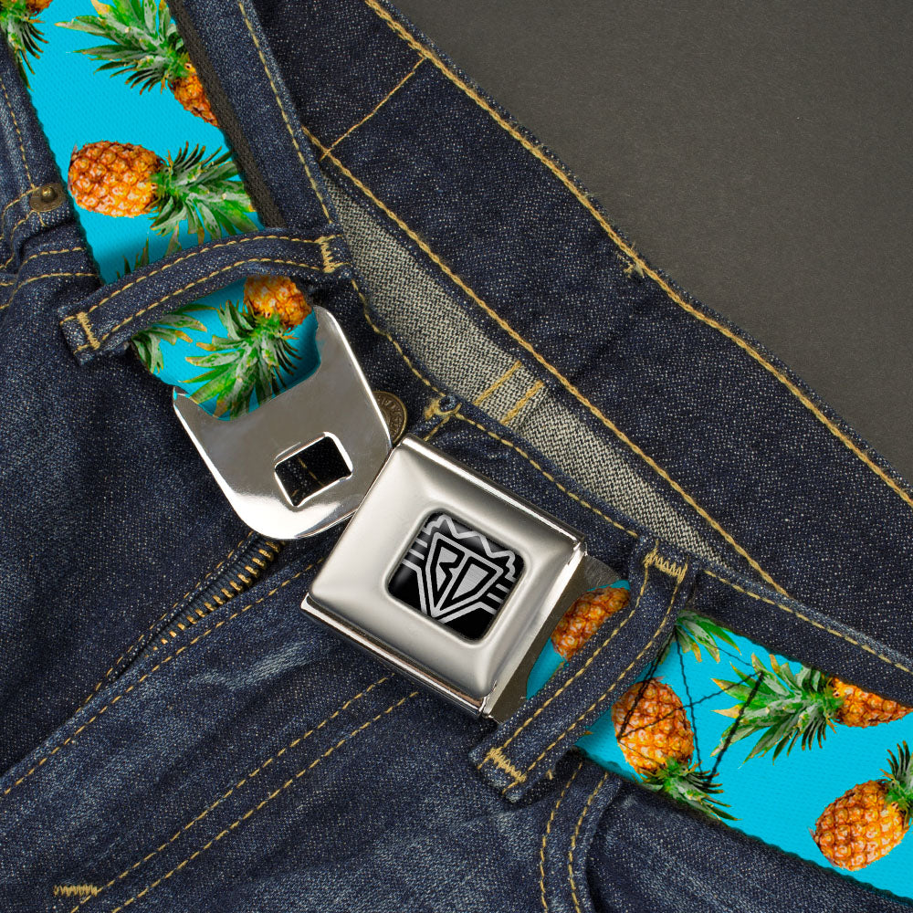 BD Wings Logo CLOSE-UP Full Color Black Silver Seatbelt Belt - Vivid Pineapples Scattered Blue Webbing Seatbelt Belts Buckle-Down
