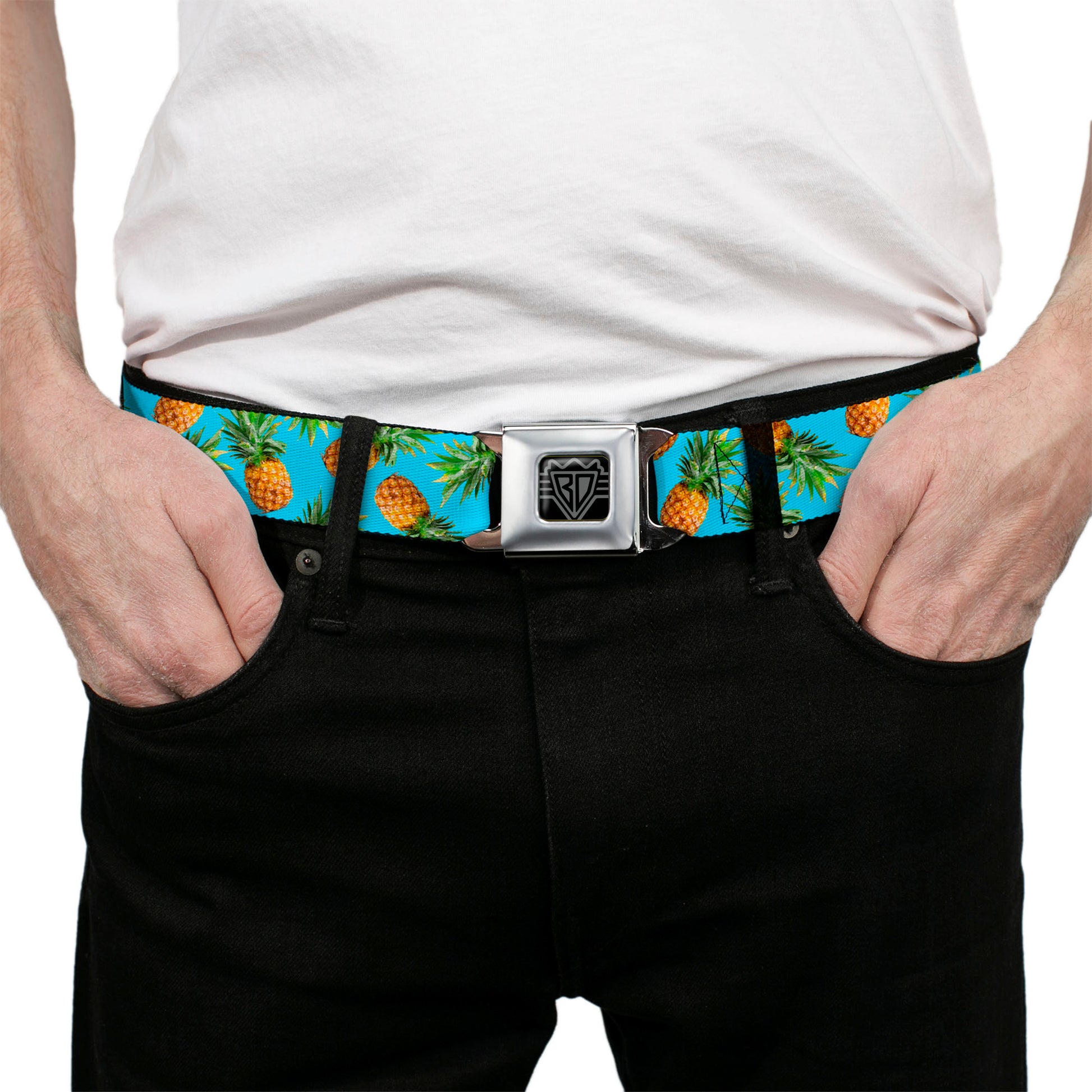 BD Wings Logo CLOSE-UP Full Color Black Silver Seatbelt Belt - Vivid Pineapples Scattered Blue Webbing Seatbelt Belts Buckle-Down