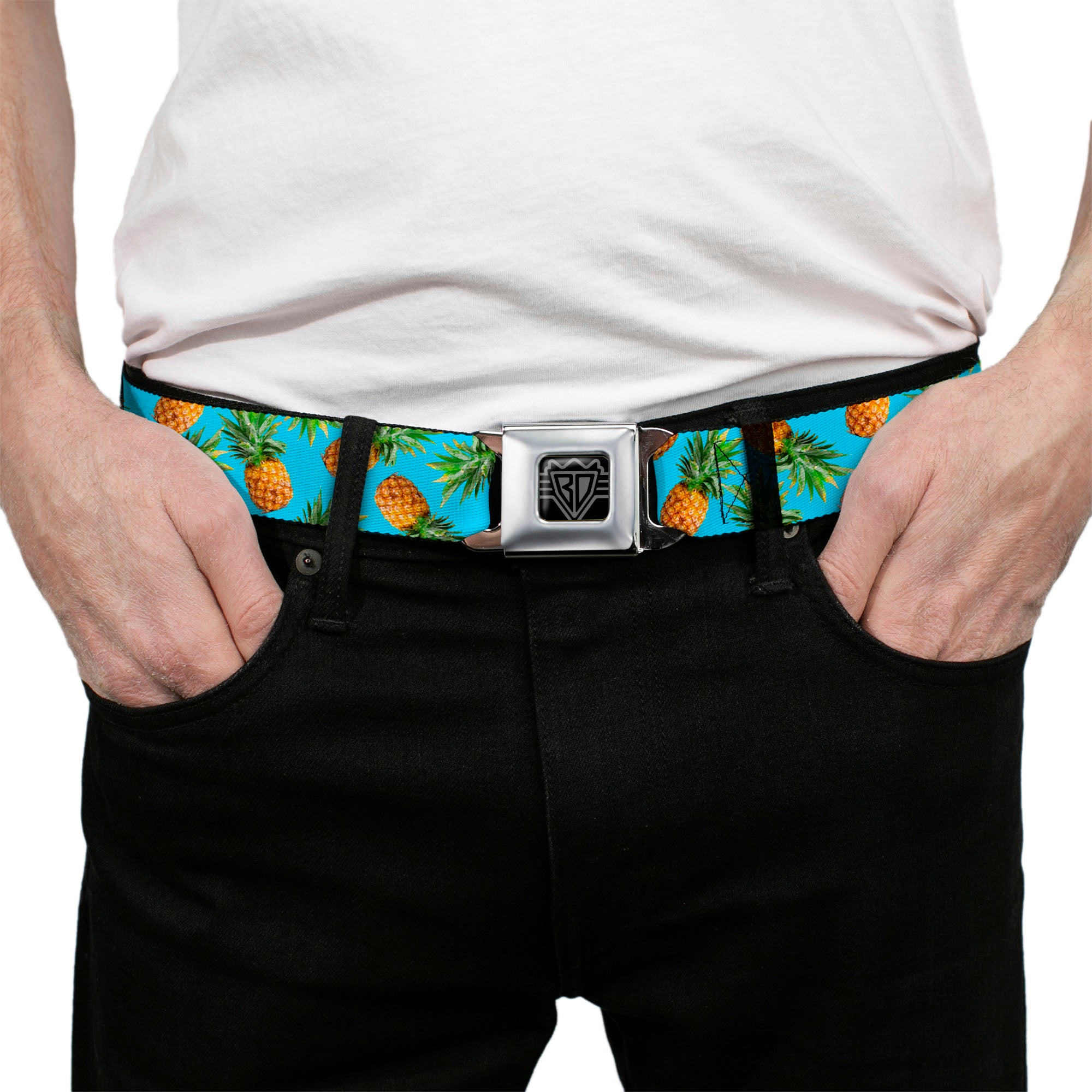 BD Wings Logo CLOSE-UP Full Color Black Silver Seatbelt Belt - Vivid Pineapples Scattered Blue Webbing Seatbelt Belts Buckle-Down