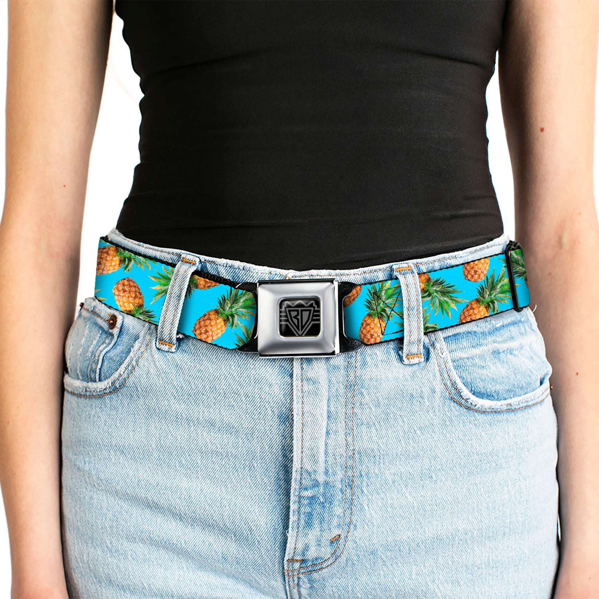 BD Wings Logo CLOSE-UP Full Color Black Silver Seatbelt Belt - Vivid Pineapples Scattered Blue Webbing Seatbelt Belts Buckle-Down