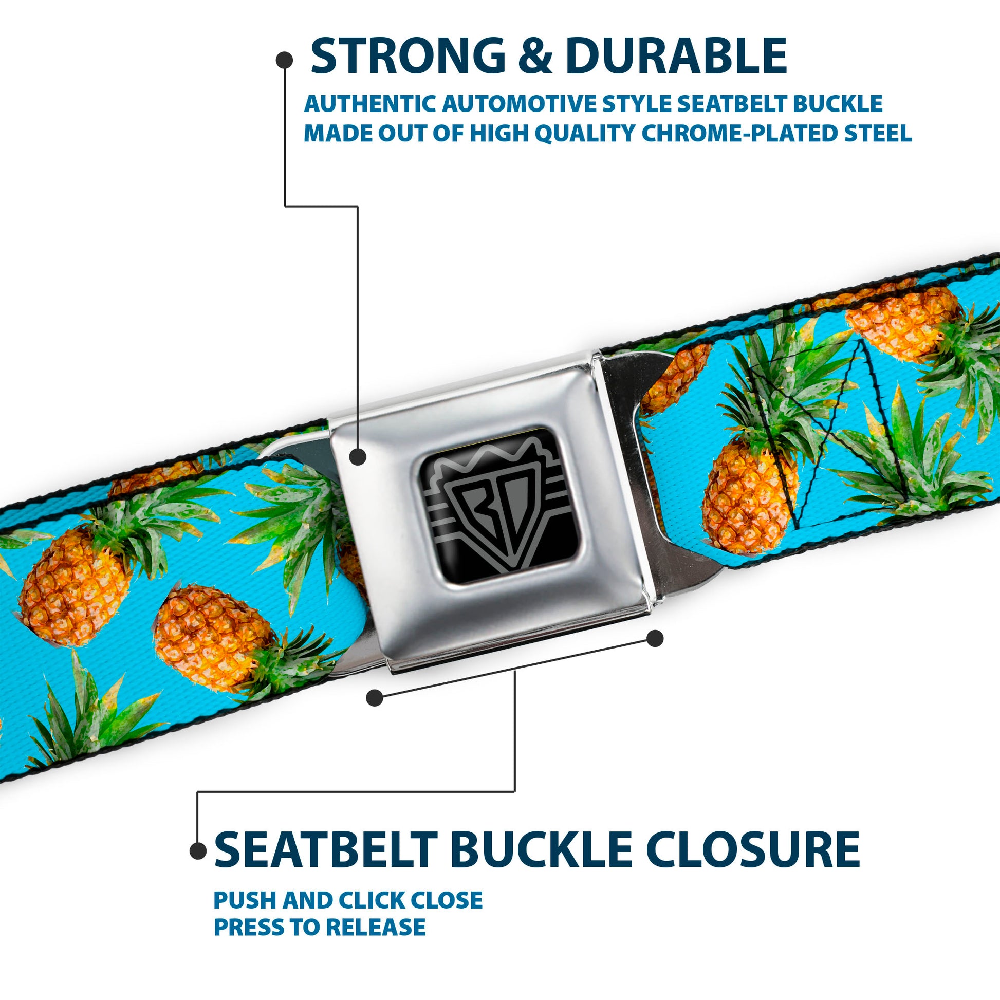BD Wings Logo CLOSE-UP Full Color Black Silver Seatbelt Belt - Vivid Pineapples Scattered Blue Webbing Seatbelt Belts Buckle-Down