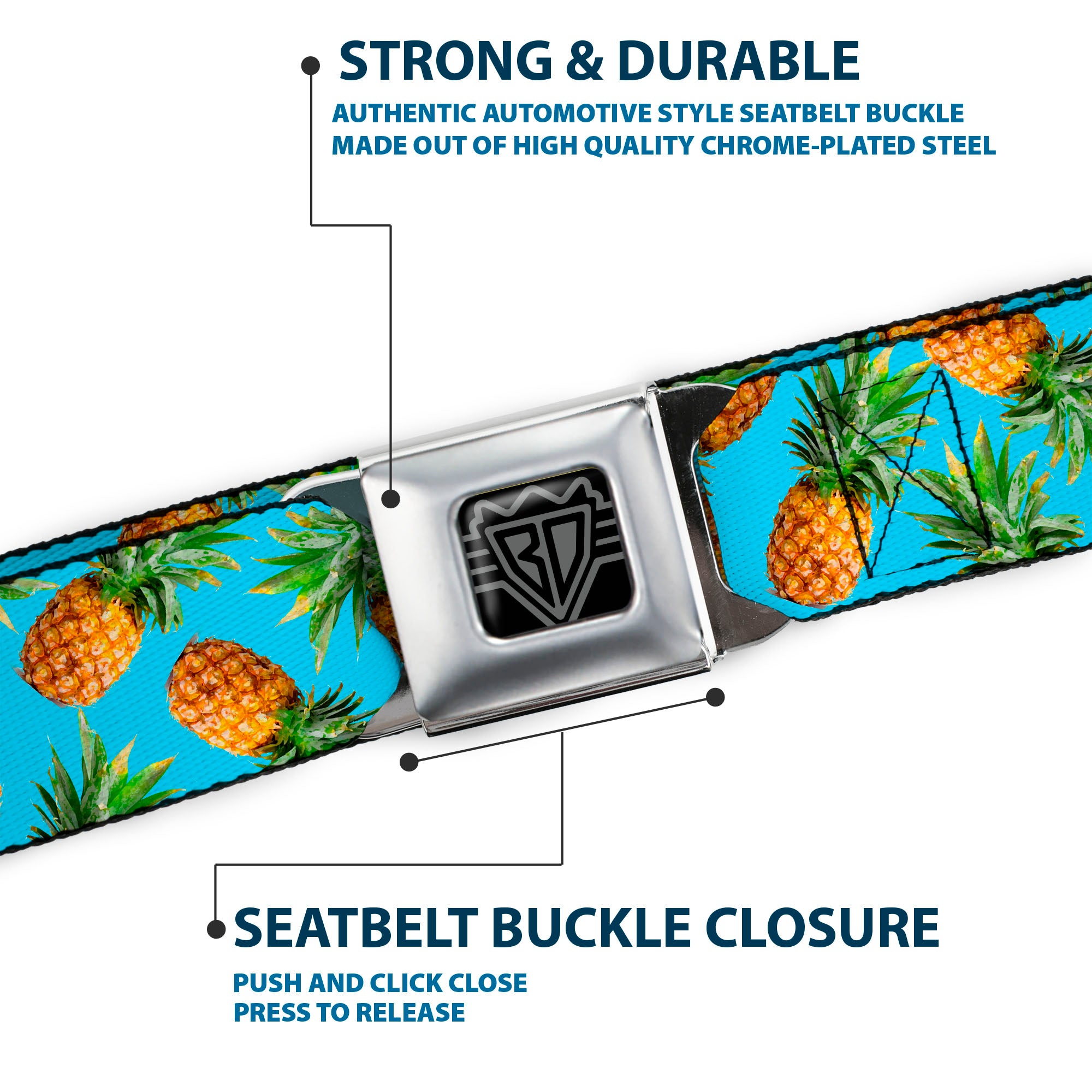 BD Wings Logo CLOSE-UP Full Color Black Silver Seatbelt Belt - Vivid Pineapples Scattered Blue Webbing Seatbelt Belts Buckle-Down