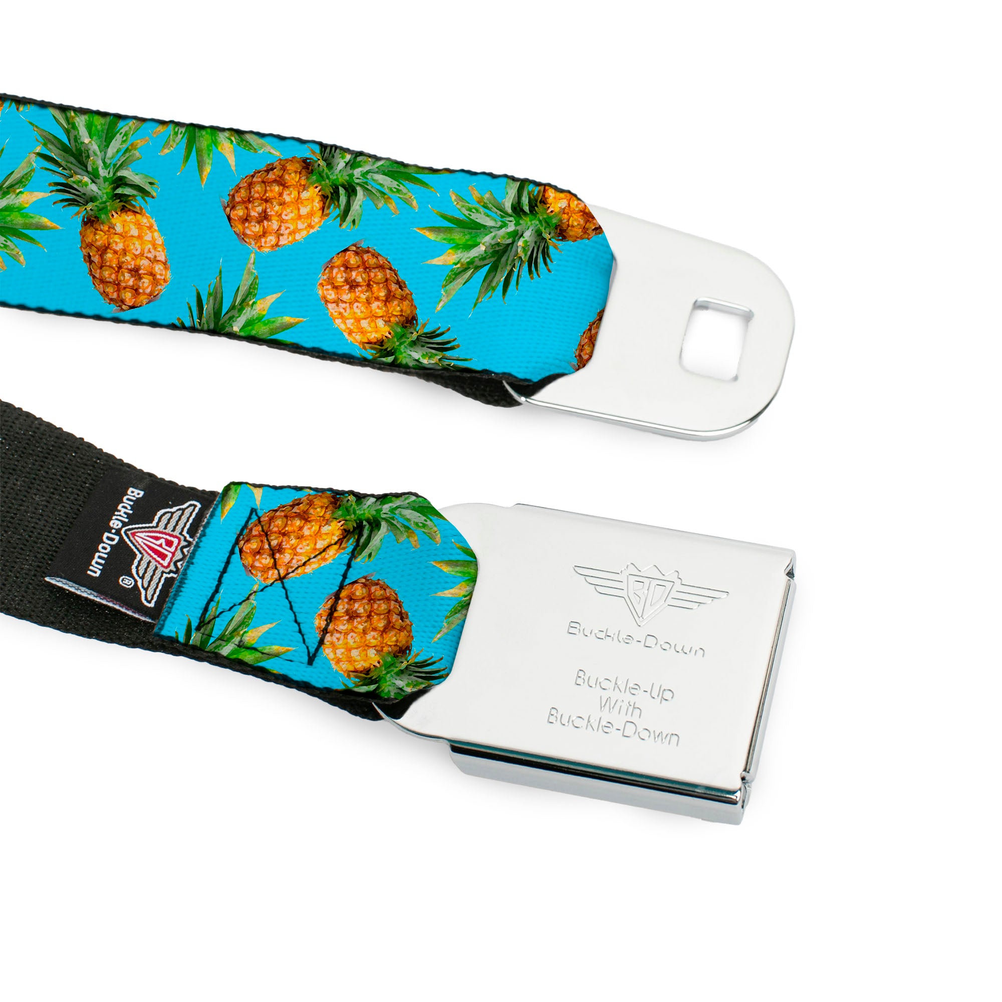 BD Wings Logo CLOSE-UP Full Color Black Silver Seatbelt Belt - Vivid Pineapples Scattered Blue Webbing Seatbelt Belts Buckle-Down