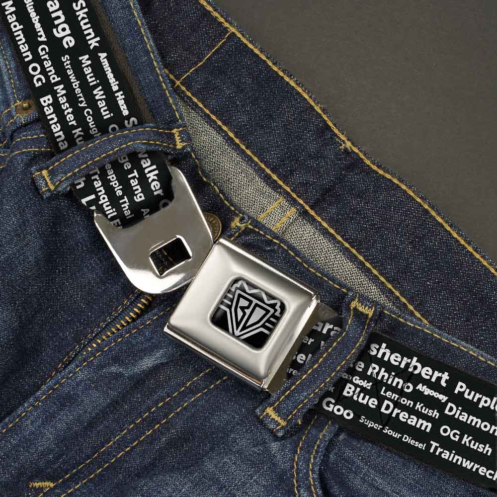 Seatbelt Belt - Verbiage Marijuana Strains Black/White Seatbelt Belts Buckle-Down