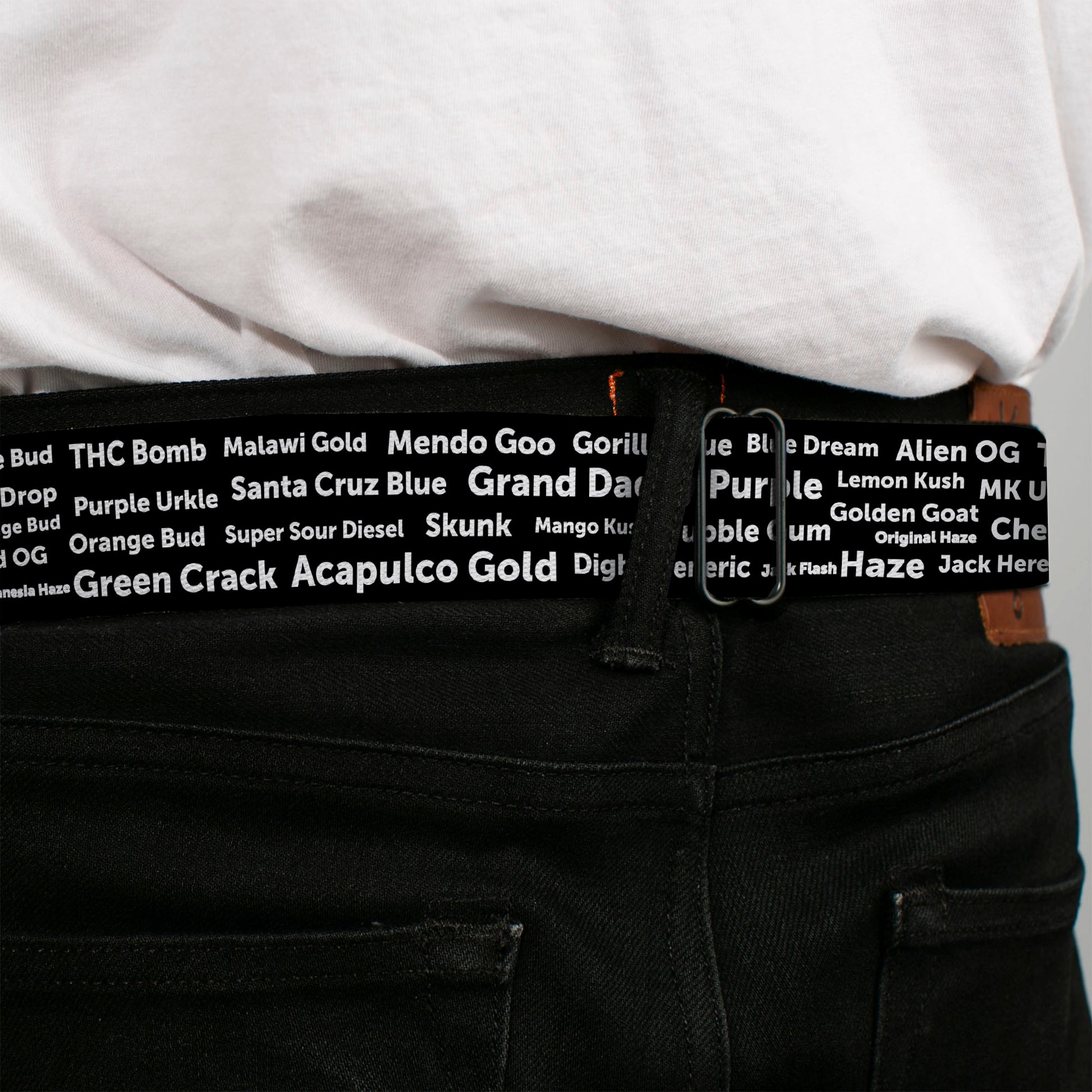 Seatbelt Belt - Verbiage Marijuana Strains Black/White Seatbelt Belts Buckle-Down