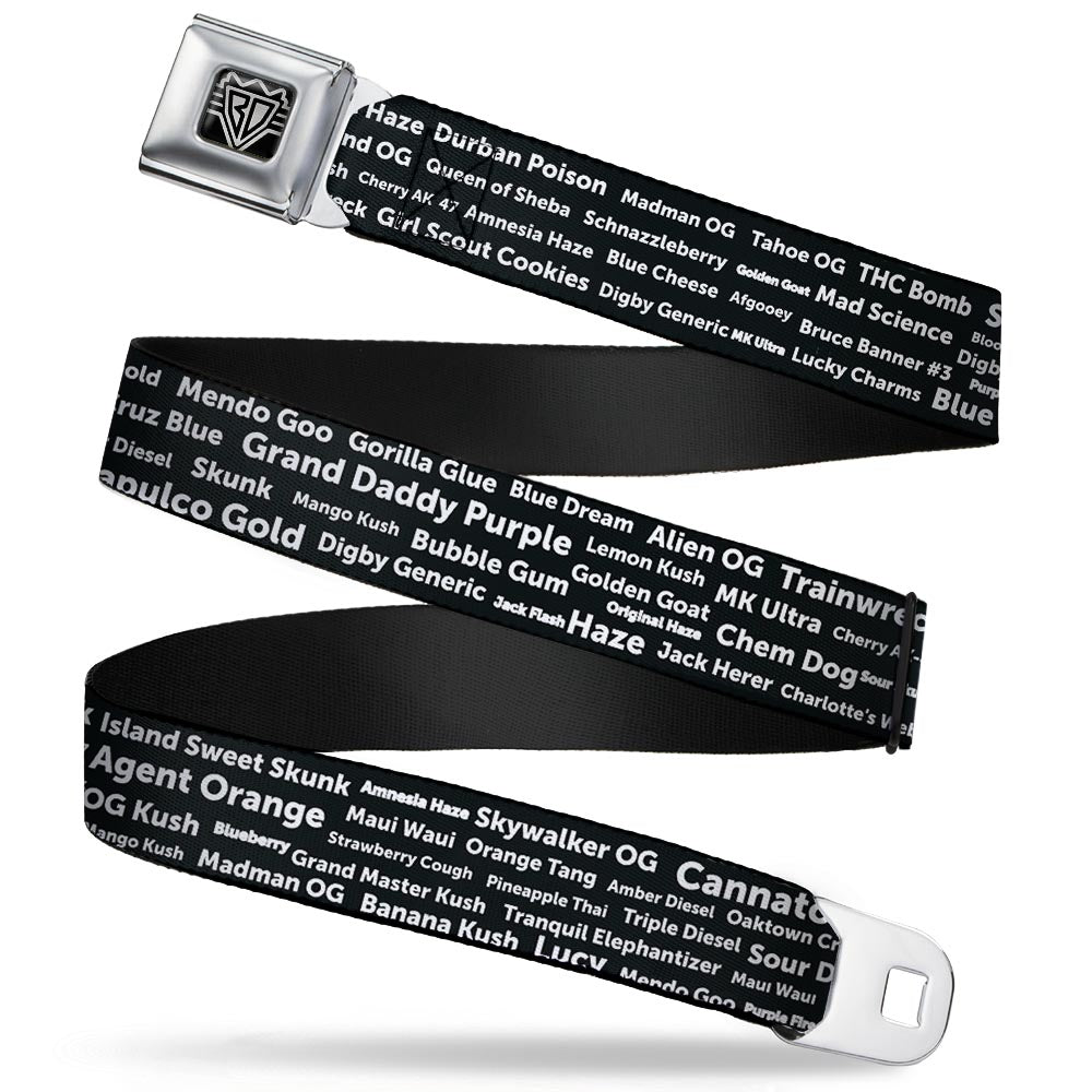 Seatbelt Belt - Verbiage Marijuana Strains Black/White Seatbelt Belts Buckle-Down