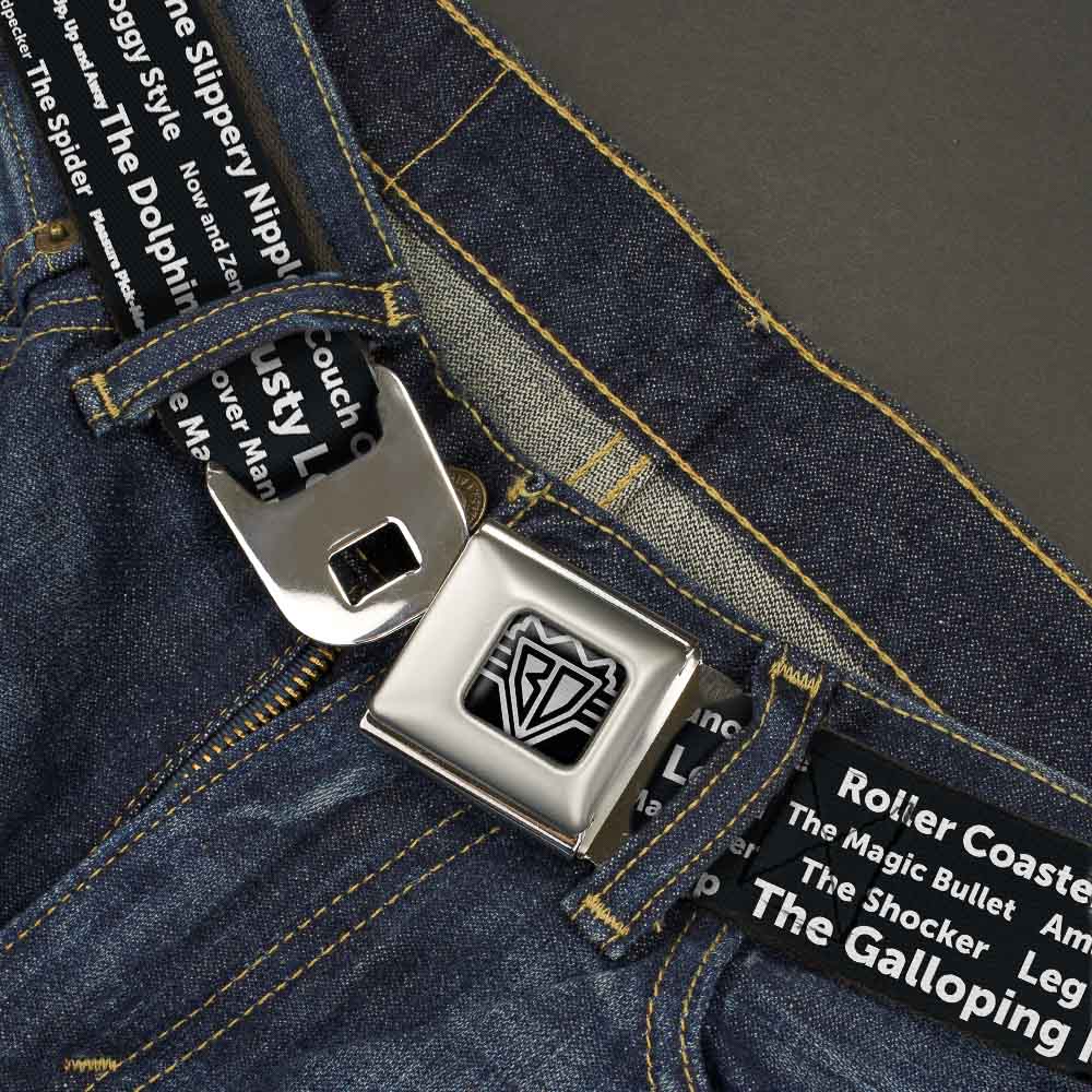 Seatbelt Belt - Verbiage Sex Positions Black/White Seatbelt Belts Buckle-Down
