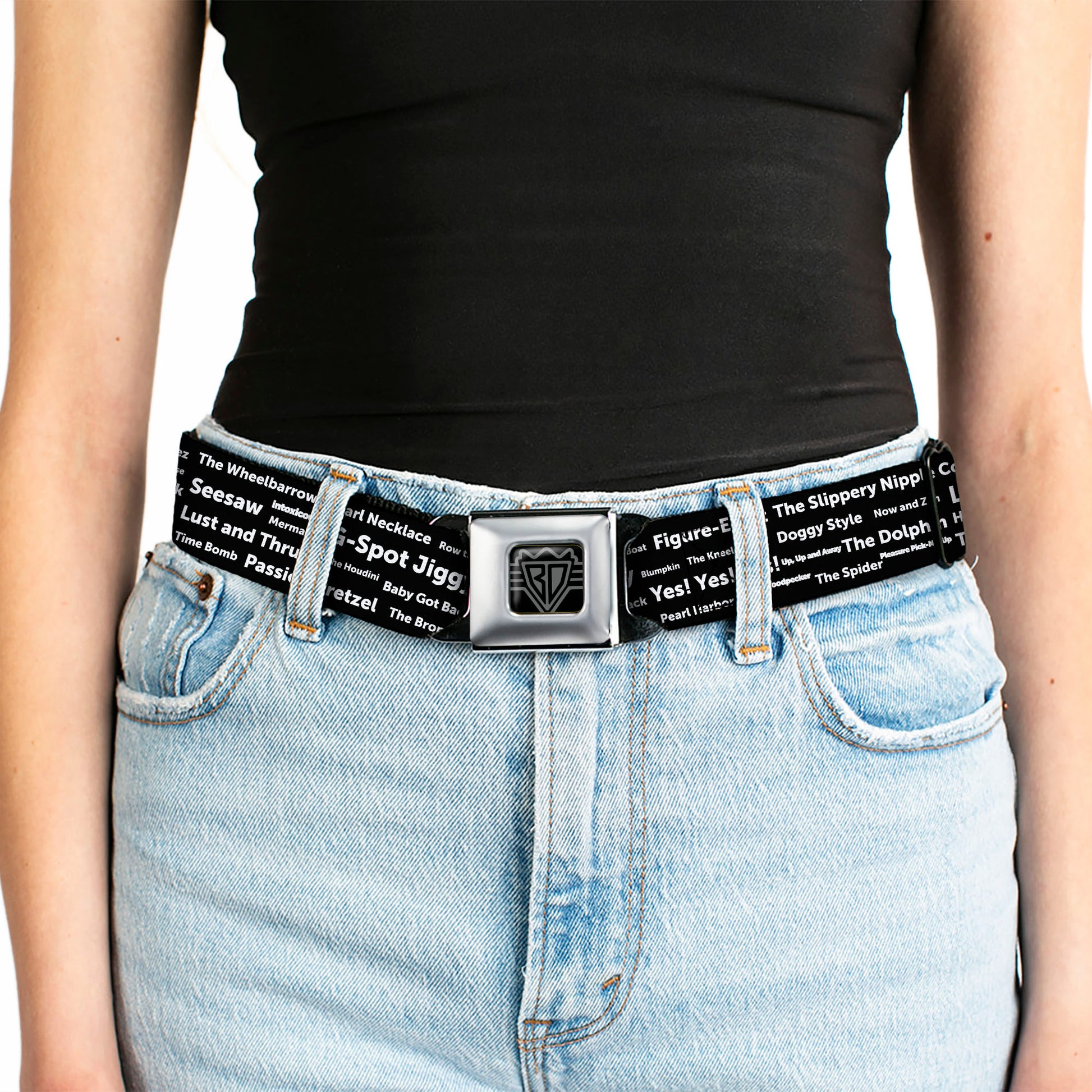 Seatbelt Belt - Verbiage Sex Positions Black/White Seatbelt Belts Buckle-Down