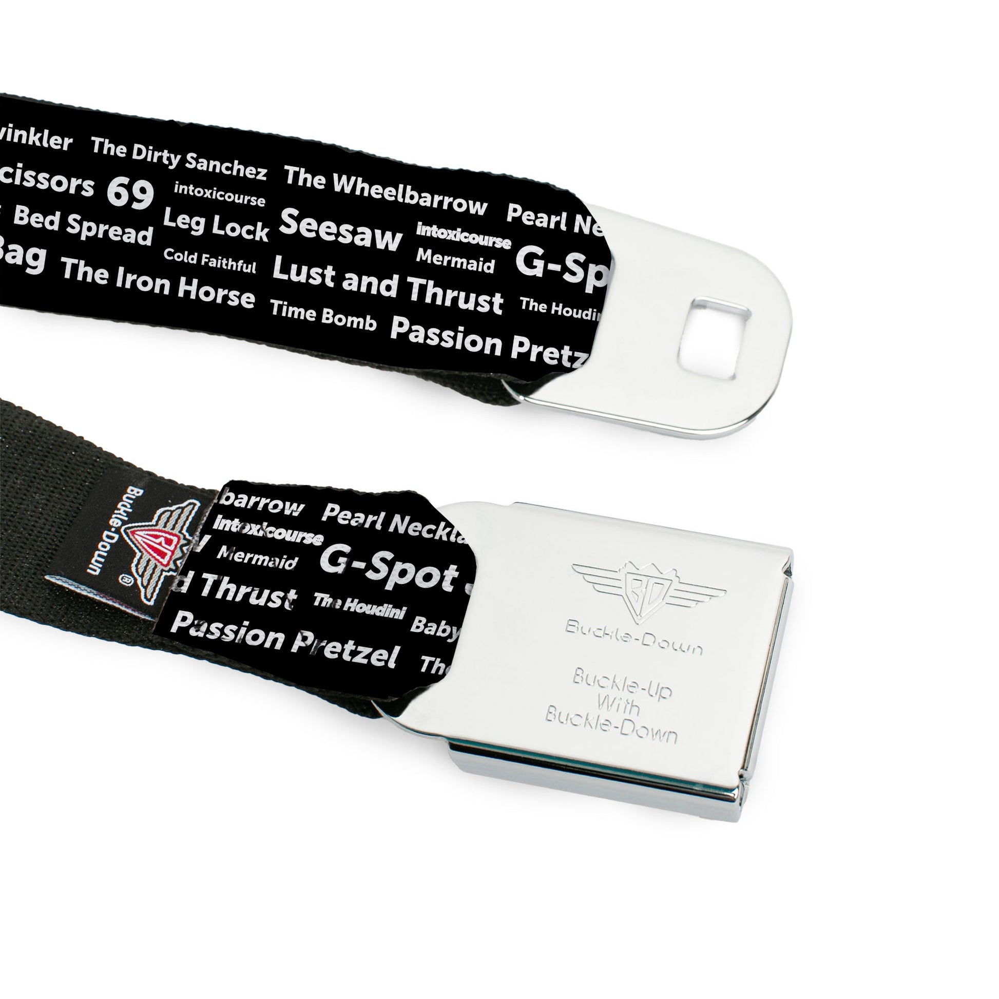 Seatbelt Belt - Verbiage Sex Positions Black/White Seatbelt Belts Buckle-Down