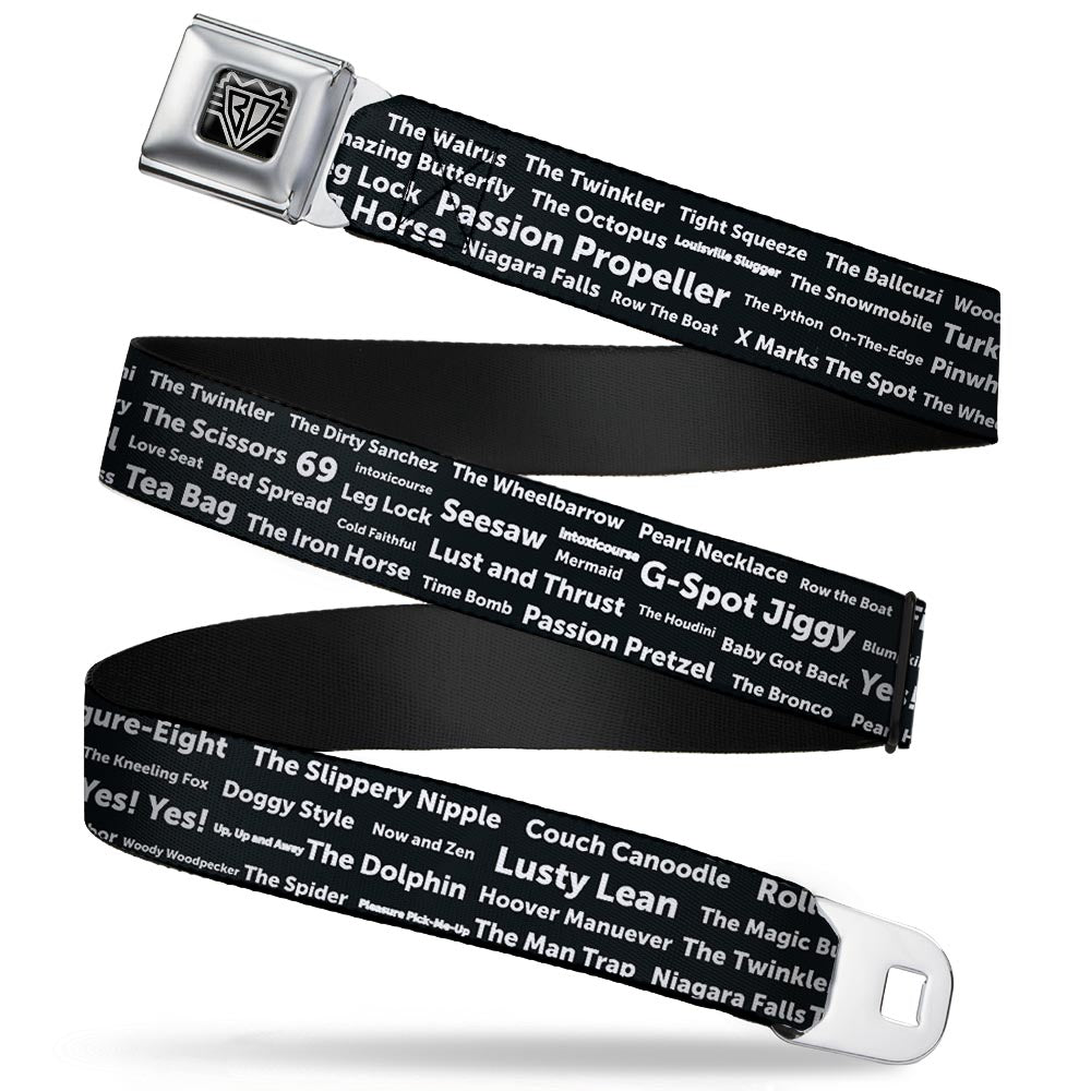 Seatbelt Belt - Verbiage Sex Positions Black/White Seatbelt Belts Buckle-Down
