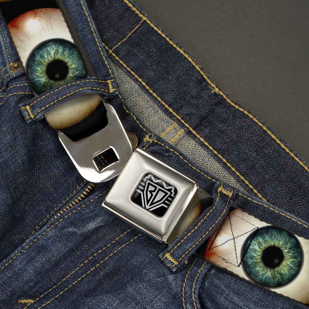 BD Wings Logo CLOSE-UP Full Color Black Silver Seatbelt Belt - Vivid Blue Eyeball Black Webbing Seatbelt Belts Buckle-Down