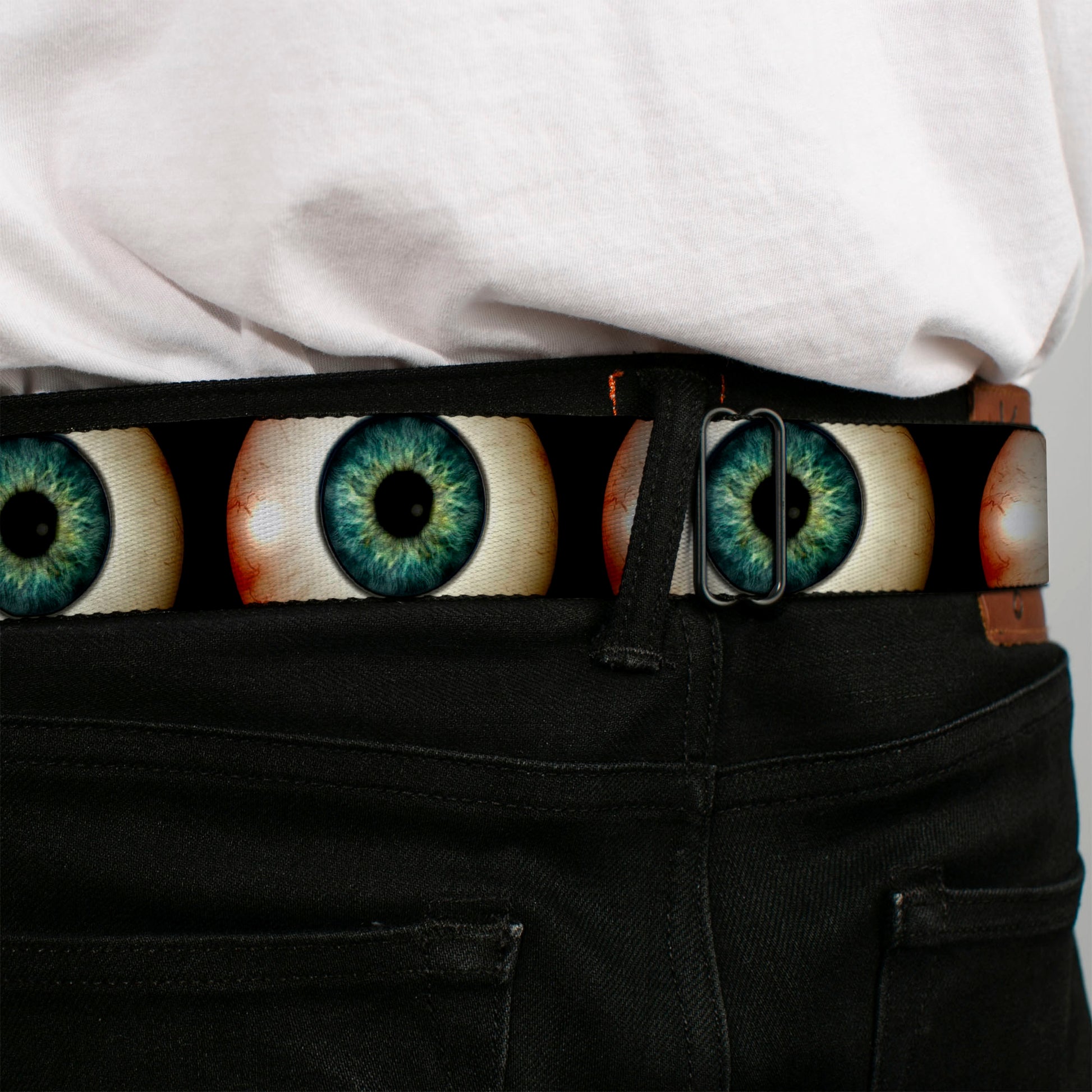 BD Wings Logo CLOSE-UP Full Color Black Silver Seatbelt Belt - Vivid Blue Eyeball Black Webbing Seatbelt Belts Buckle-Down