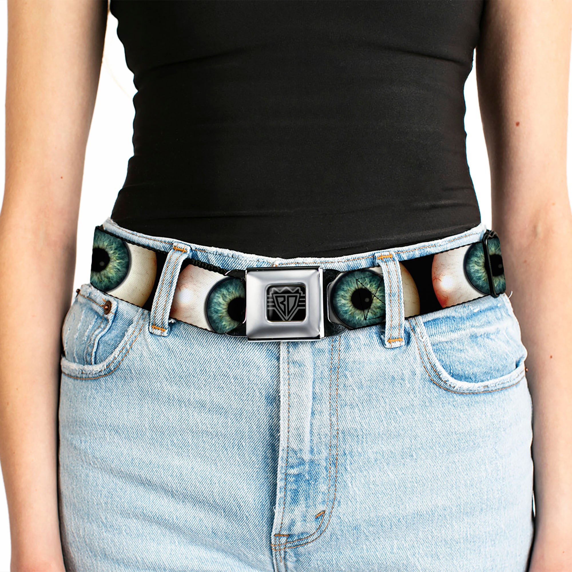 BD Wings Logo CLOSE-UP Full Color Black Silver Seatbelt Belt - Vivid Blue Eyeball Black Webbing Seatbelt Belts Buckle-Down