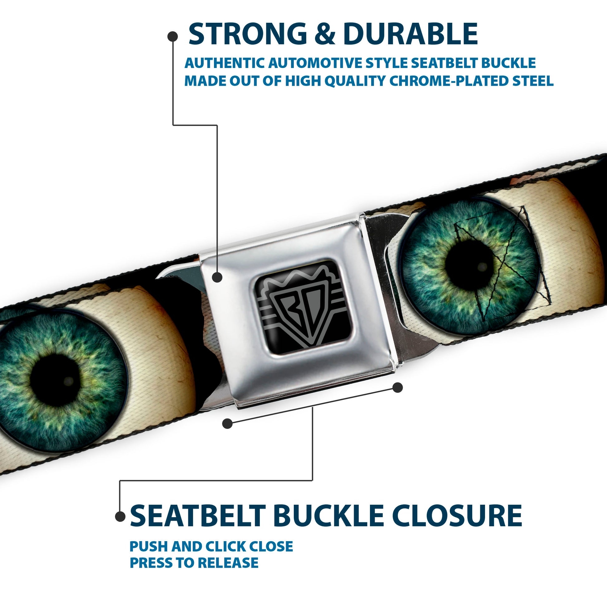 BD Wings Logo CLOSE-UP Full Color Black Silver Seatbelt Belt - Vivid Blue Eyeball Black Webbing Seatbelt Belts Buckle-Down