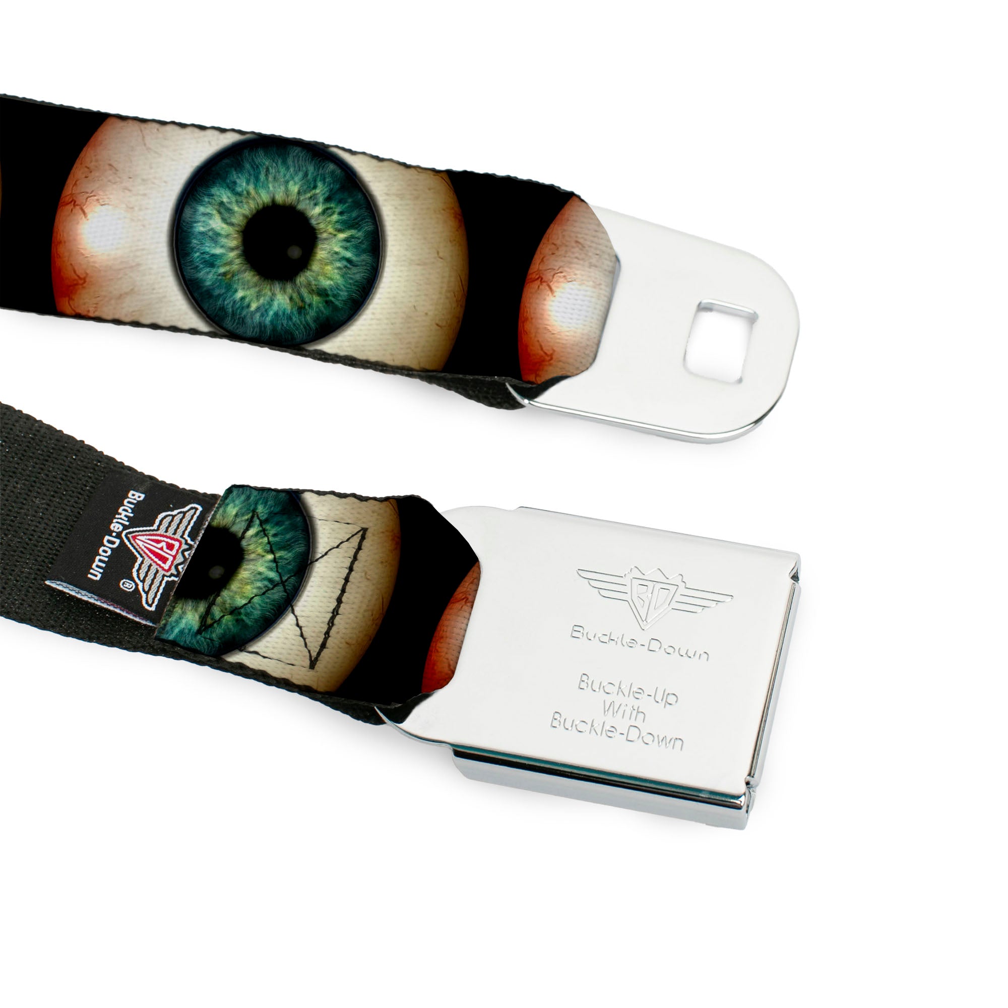BD Wings Logo CLOSE-UP Full Color Black Silver Seatbelt Belt - Vivid Blue Eyeball Black Webbing Seatbelt Belts Buckle-Down