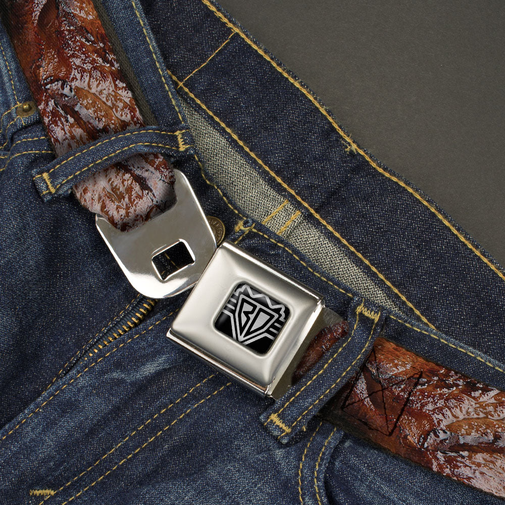 BD Wings Logo CLOSE-UP Full Color Black Silver Seatbelt Belt - Vivid Grilled Steak Webbing Seatbelt Belts Buckle-Down