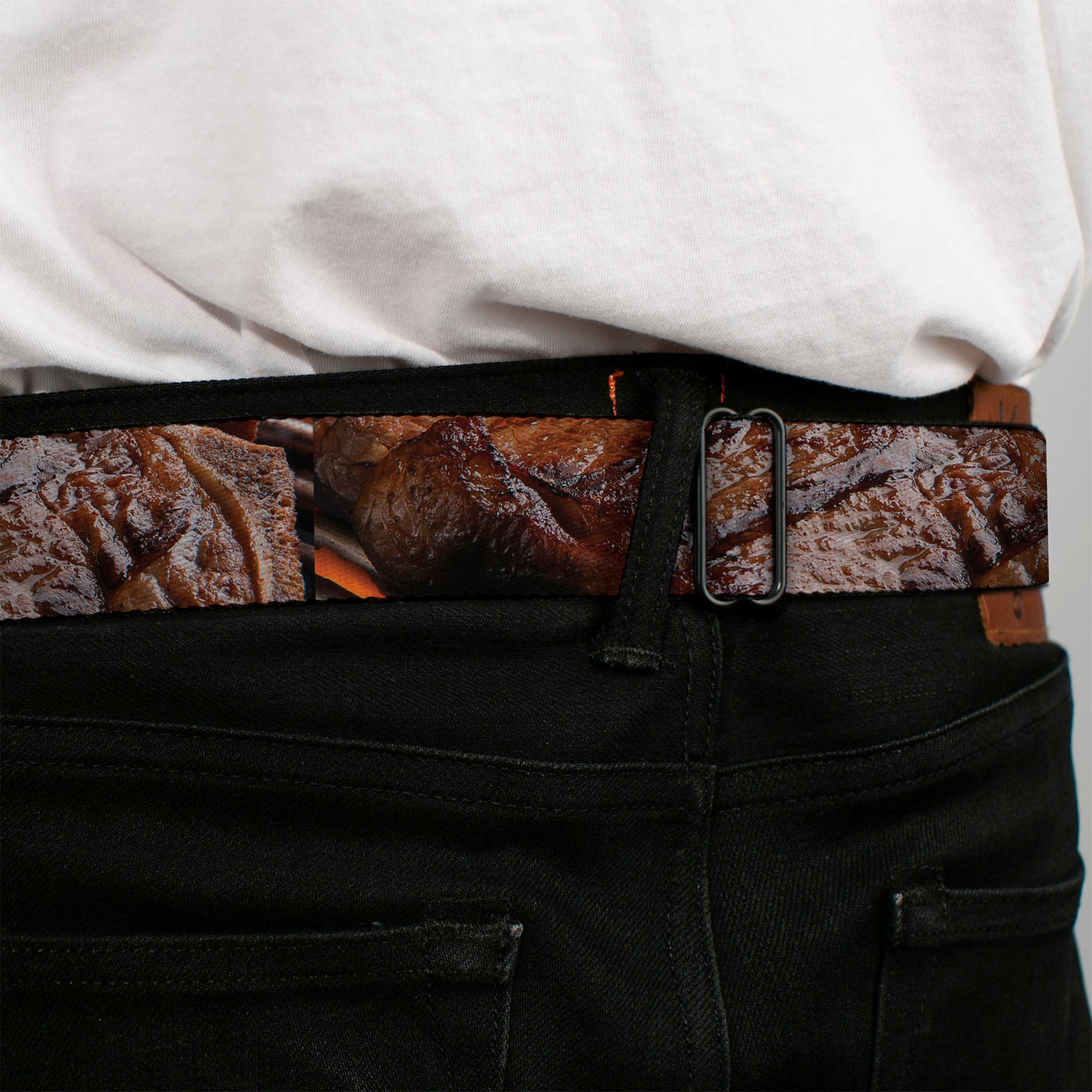 BD Wings Logo CLOSE-UP Full Color Black Silver Seatbelt Belt - Vivid Grilled Steak Webbing Seatbelt Belts Buckle-Down