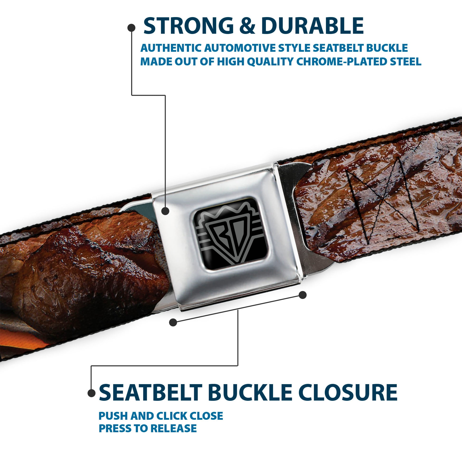 BD Wings Logo CLOSE-UP Full Color Black Silver Seatbelt Belt - Vivid Grilled Steak Webbing Seatbelt Belts Buckle-Down