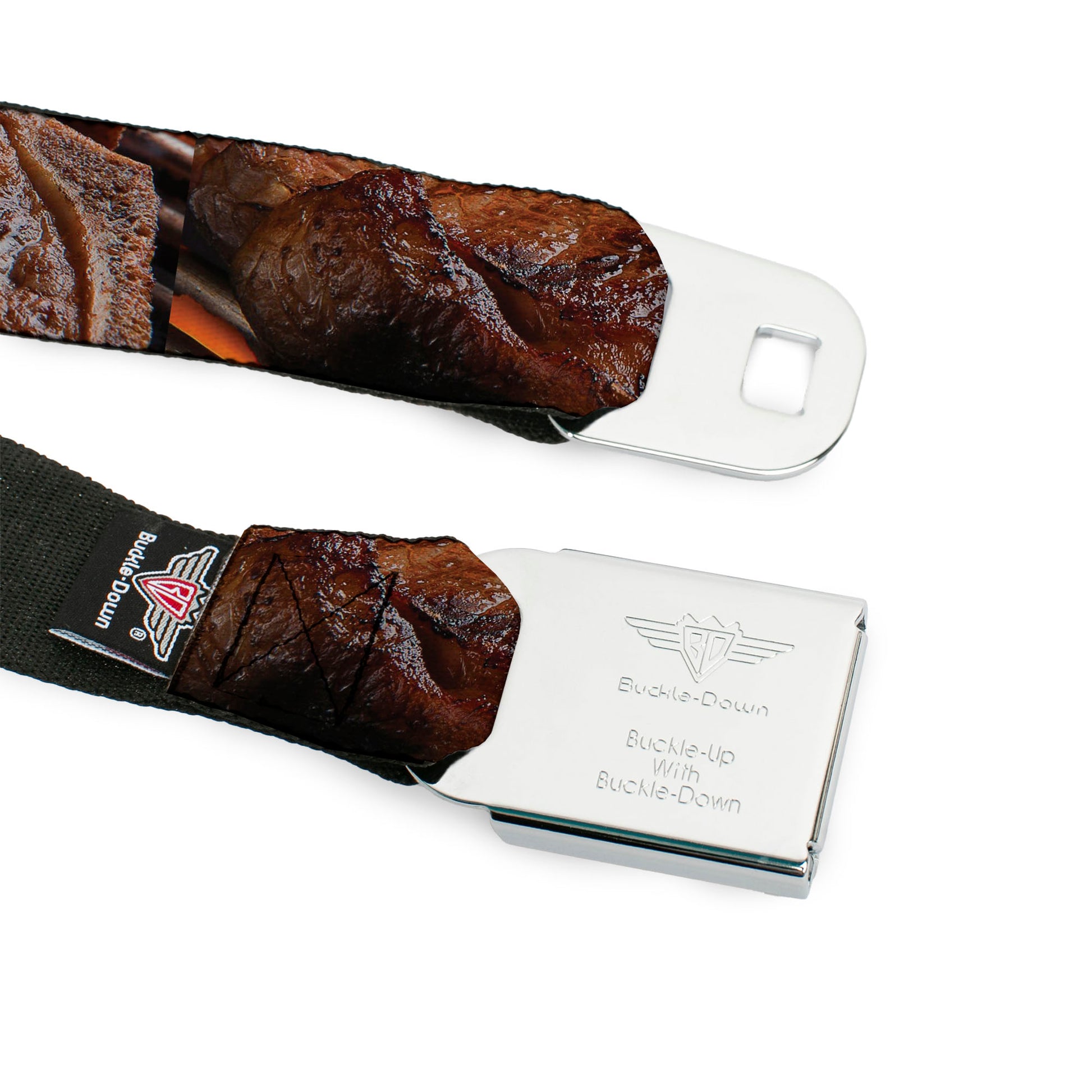 BD Wings Logo CLOSE-UP Full Color Black Silver Seatbelt Belt - Vivid Grilled Steak Webbing Seatbelt Belts Buckle-Down