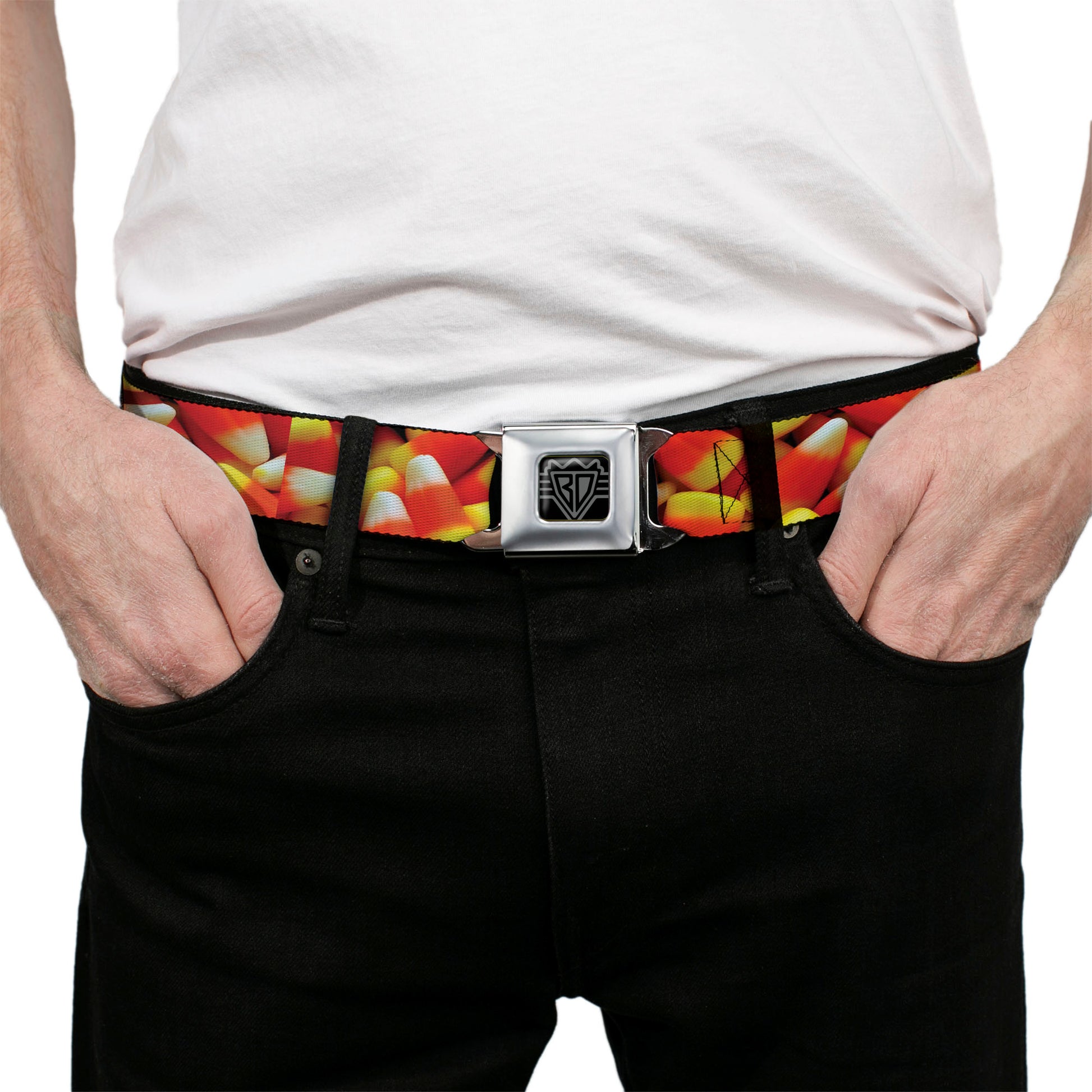 BD Wings Logo CLOSE-UP Full Color Black Silver Seatbelt Belt - Vivid Candy Corn Stacked Webbing Seatbelt Belts Buckle-Down