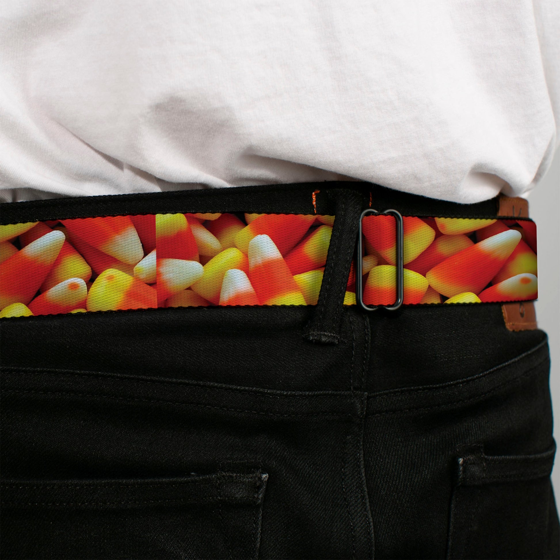 BD Wings Logo CLOSE-UP Full Color Black Silver Seatbelt Belt - Vivid Candy Corn Stacked Webbing Seatbelt Belts Buckle-Down