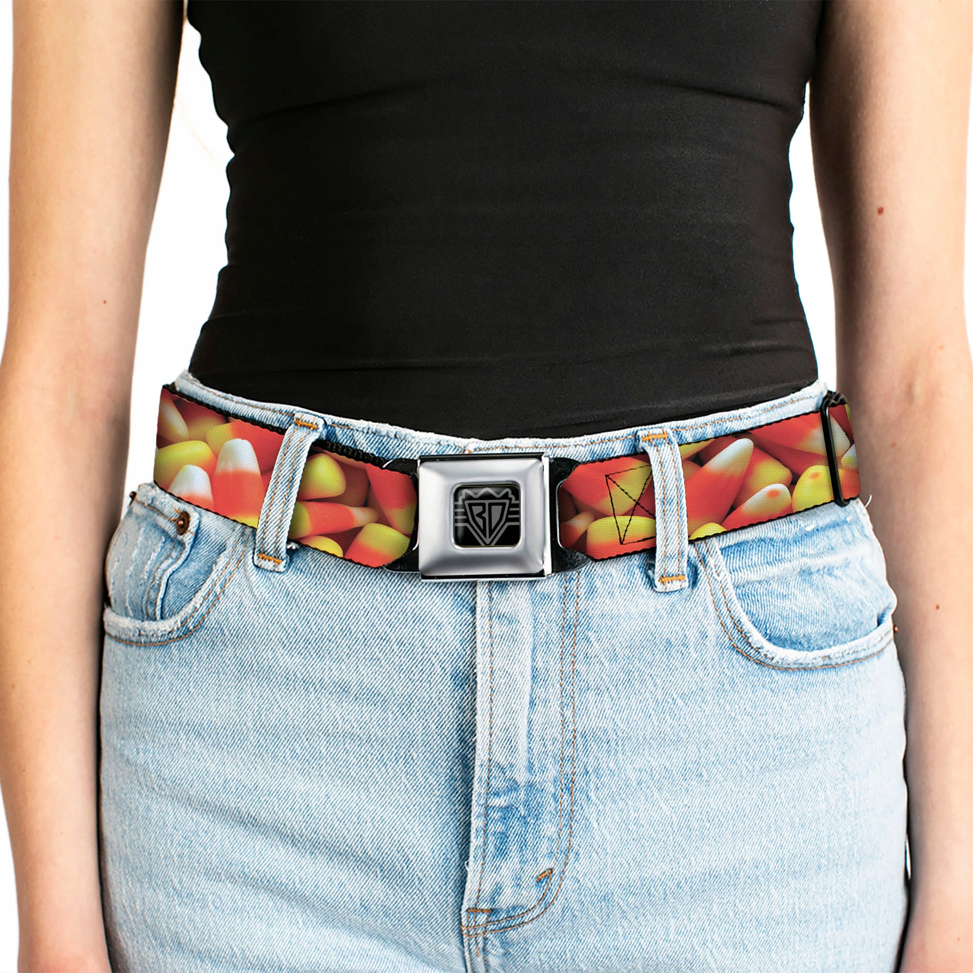 BD Wings Logo CLOSE-UP Full Color Black Silver Seatbelt Belt - Vivid Candy Corn Stacked Webbing Seatbelt Belts Buckle-Down