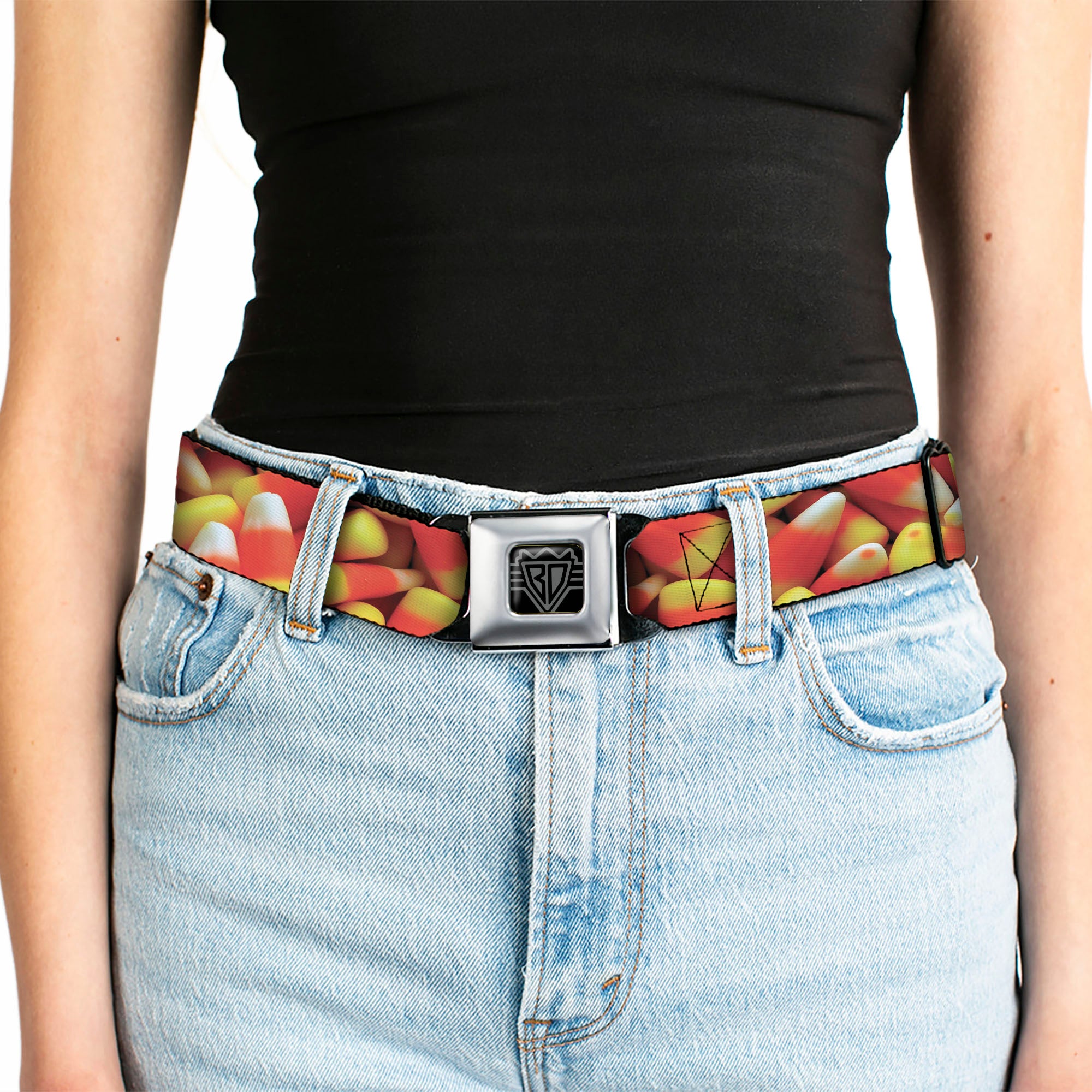 BD Wings Logo CLOSE-UP Full Color Black Silver Seatbelt Belt - Vivid Candy Corn Stacked Webbing Seatbelt Belts Buckle-Down