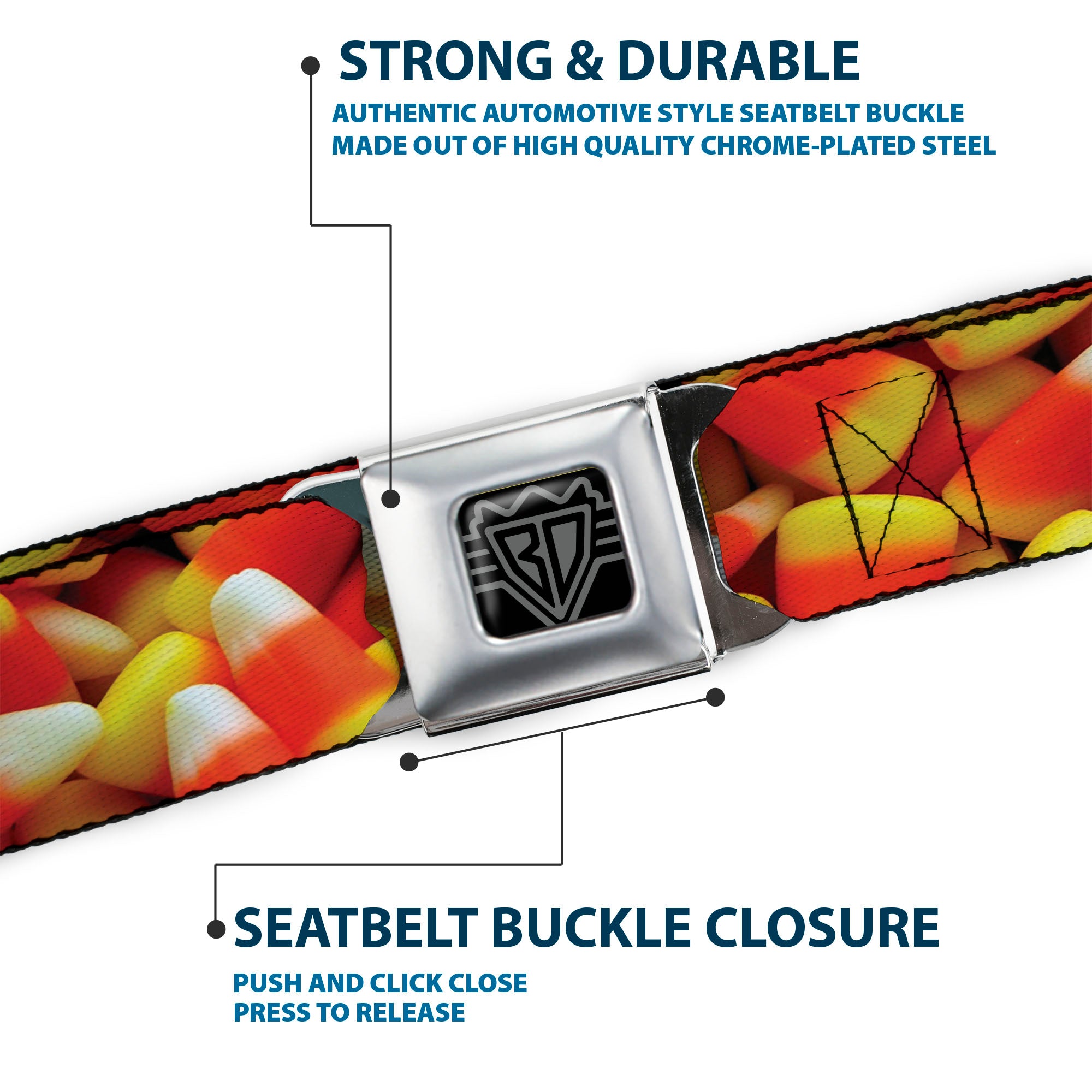 BD Wings Logo CLOSE-UP Full Color Black Silver Seatbelt Belt - Vivid Candy Corn Stacked Webbing Seatbelt Belts Buckle-Down