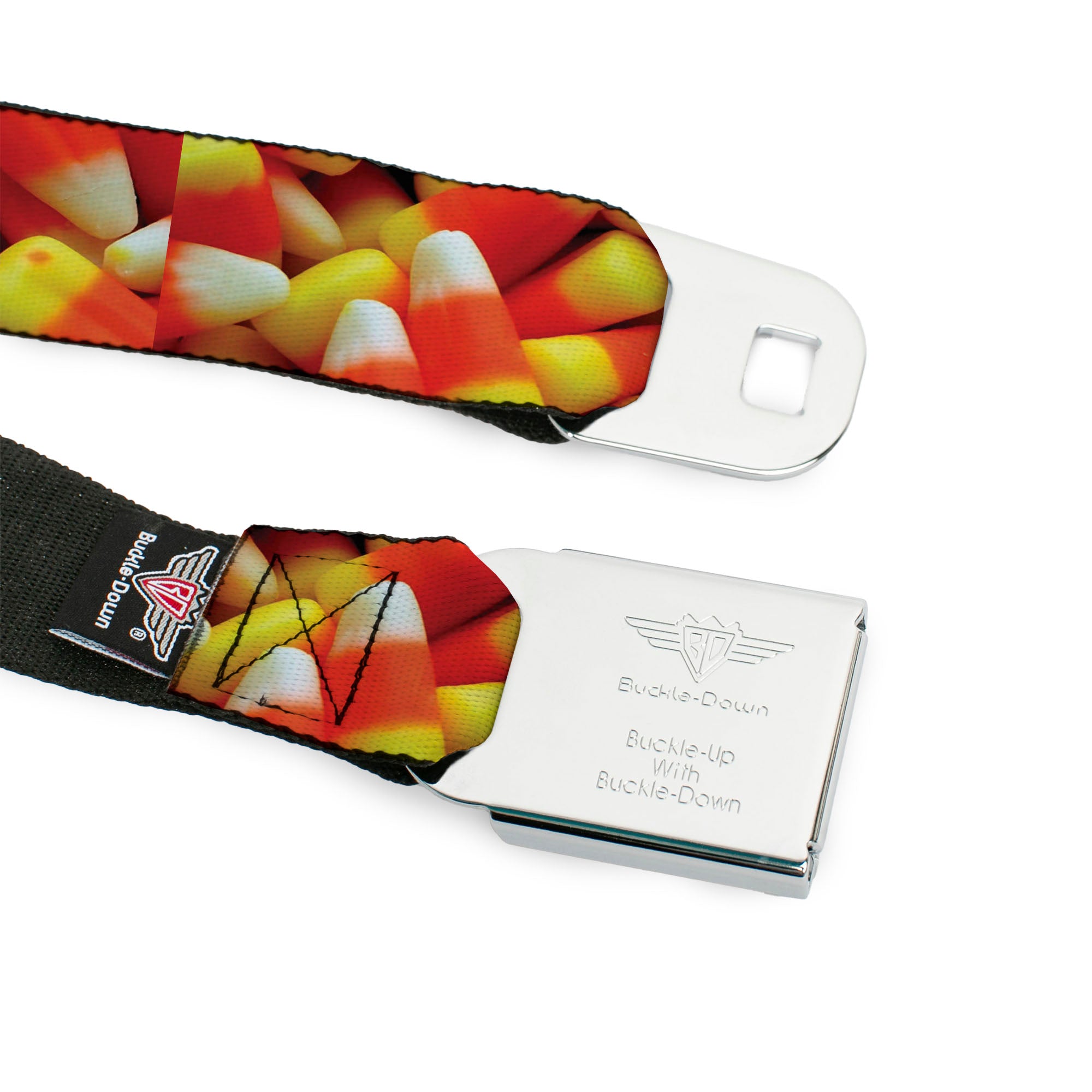 BD Wings Logo CLOSE-UP Full Color Black Silver Seatbelt Belt - Vivid Candy Corn Stacked Webbing Seatbelt Belts Buckle-Down