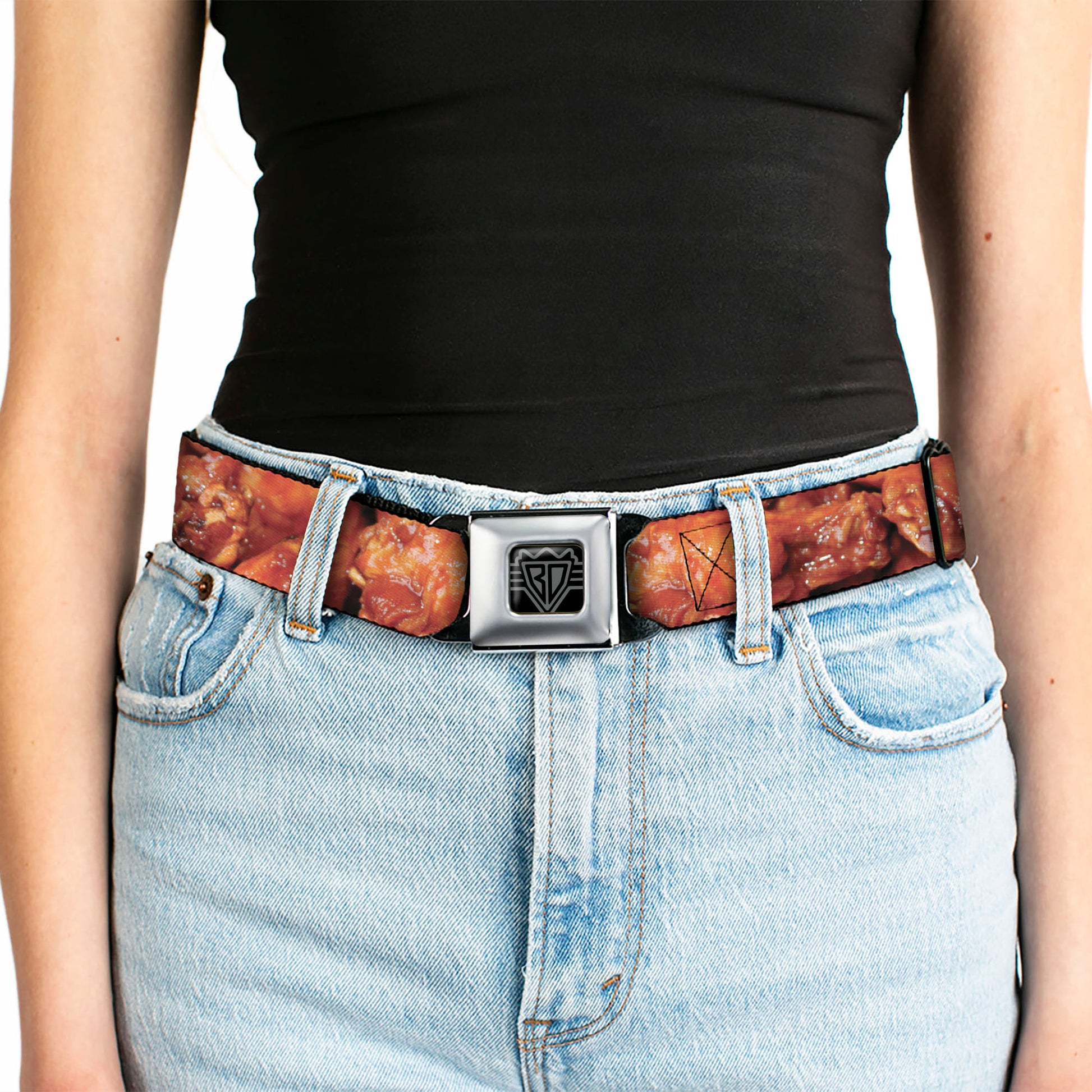 BD Wings Logo CLOSE-UP Full Color Black Silver Seatbelt Belt - Vivid Hot Wings Stacked Webbing Seatbelt Belts Buckle-Down