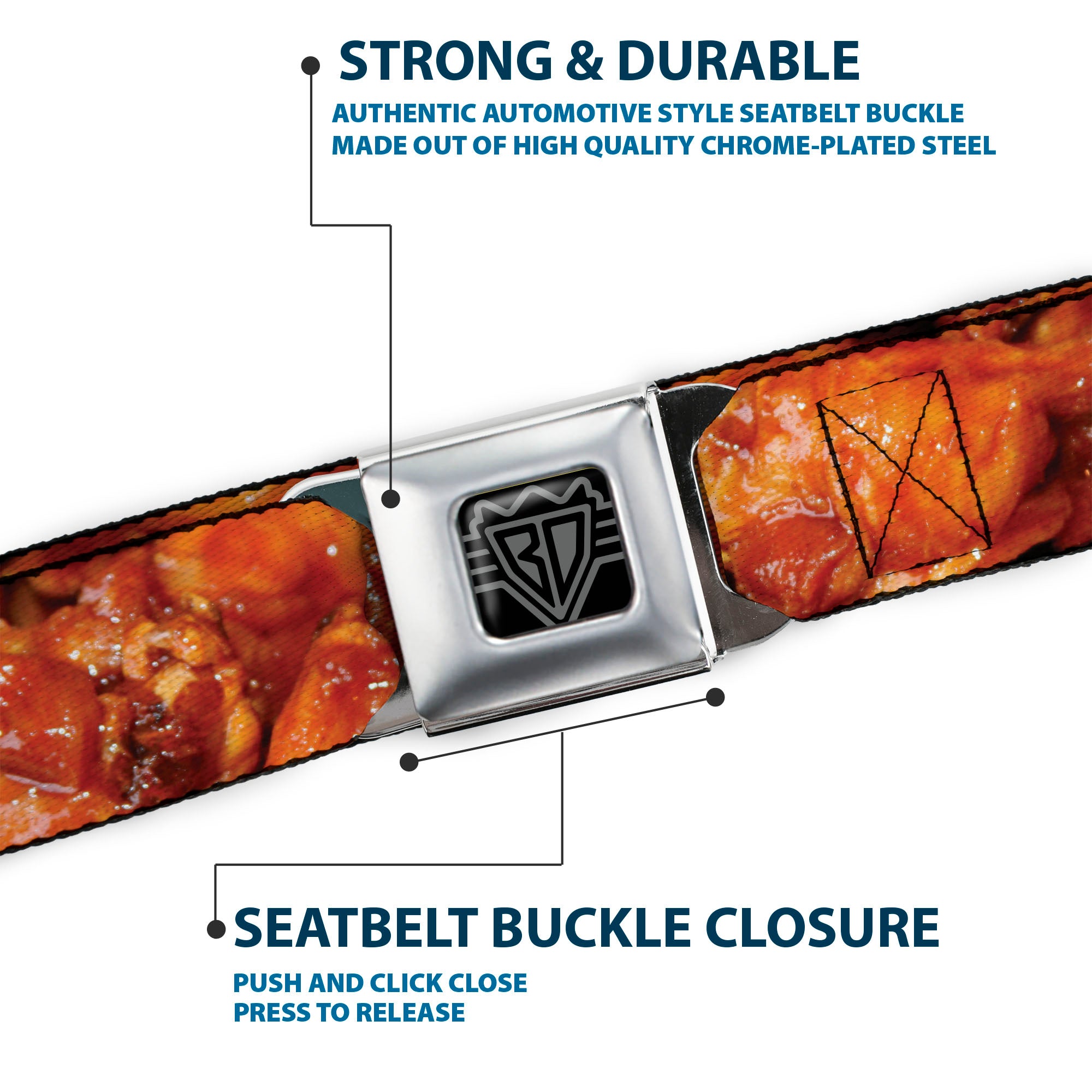 BD Wings Logo CLOSE-UP Full Color Black Silver Seatbelt Belt - Vivid Hot Wings Stacked Webbing Seatbelt Belts Buckle-Down