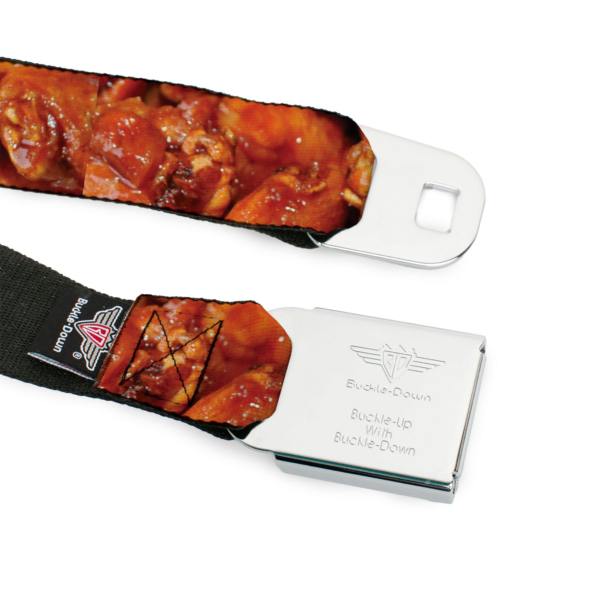 BD Wings Logo CLOSE-UP Full Color Black Silver Seatbelt Belt - Vivid Hot Wings Stacked Webbing Seatbelt Belts Buckle-Down
