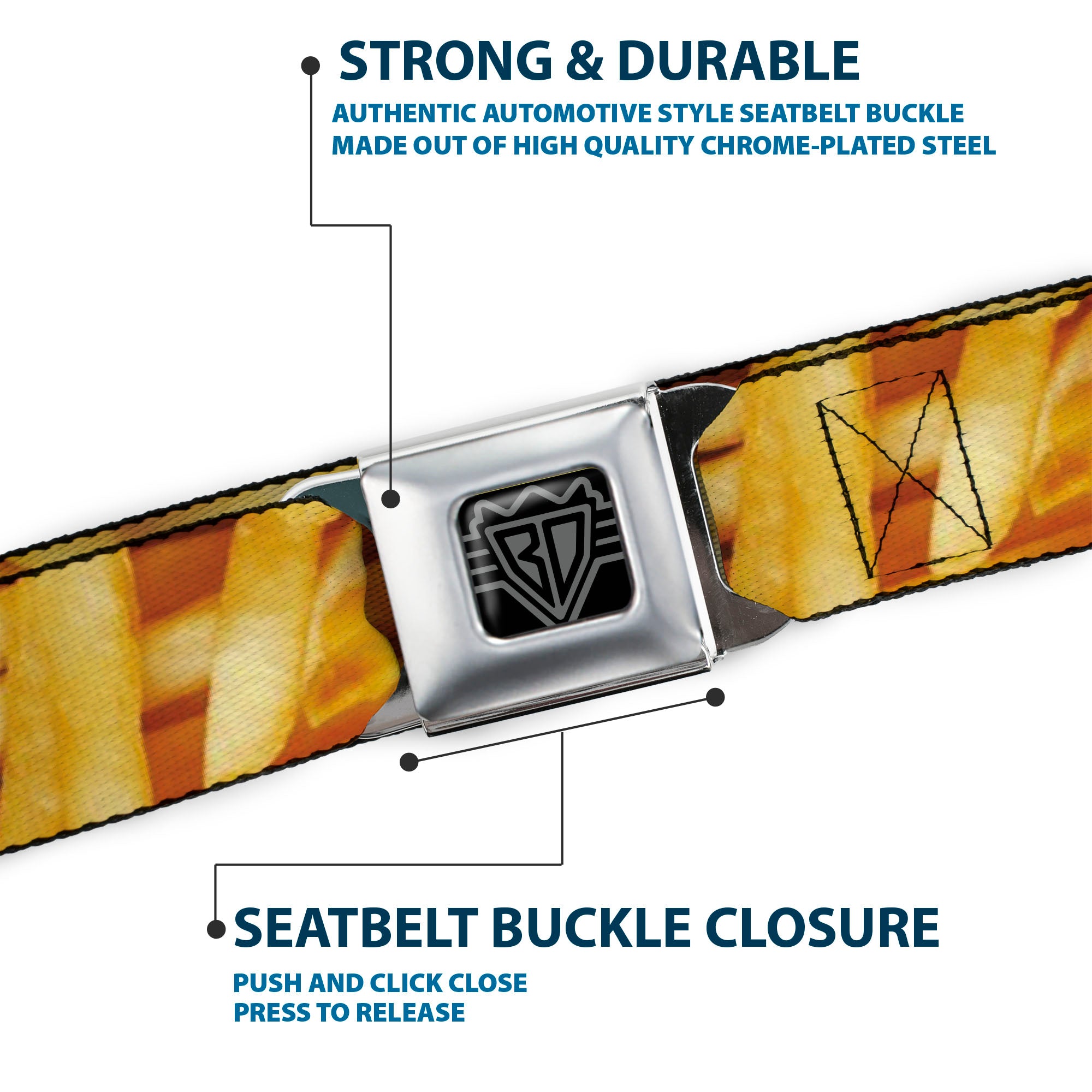 BD Wings Logo CLOSE-UP Full Color Black Silver Seatbelt Belt - Vivid French Fries Stacked Webbing Seatbelt Belts Buckle-Down
