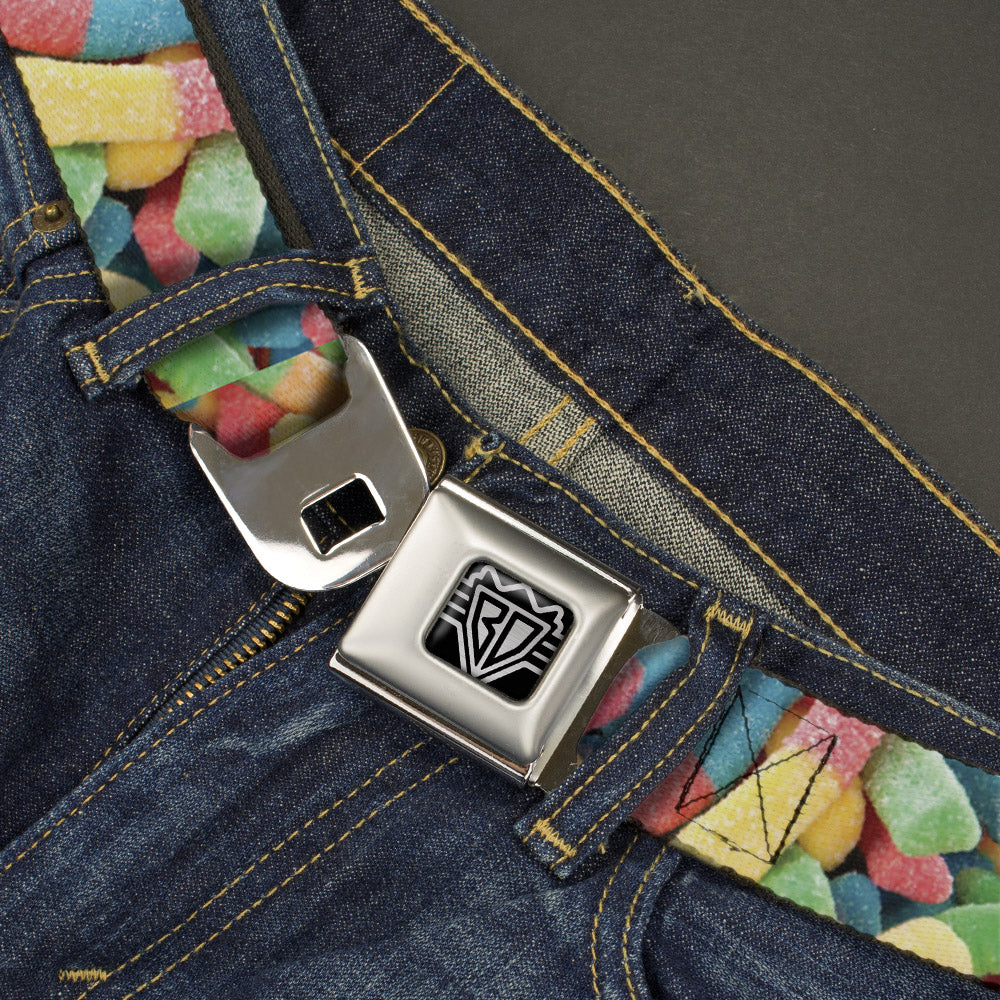 BD Wings Logo CLOSE-UP Full Color Black Silver Seatbelt Belt - Vivid Sour Worms Stacked Webbing Seatbelt Belts Buckle-Down