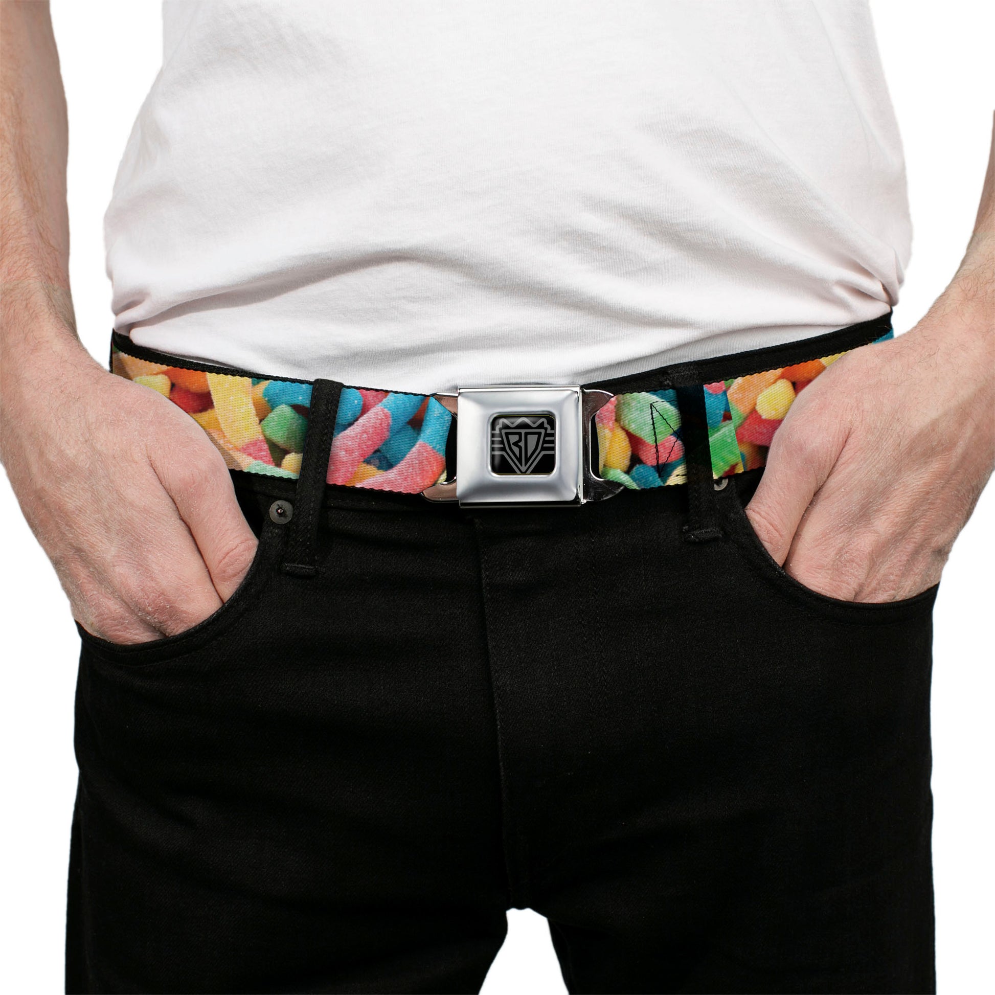 BD Wings Logo CLOSE-UP Full Color Black Silver Seatbelt Belt - Vivid Sour Worms Stacked Webbing Seatbelt Belts Buckle-Down