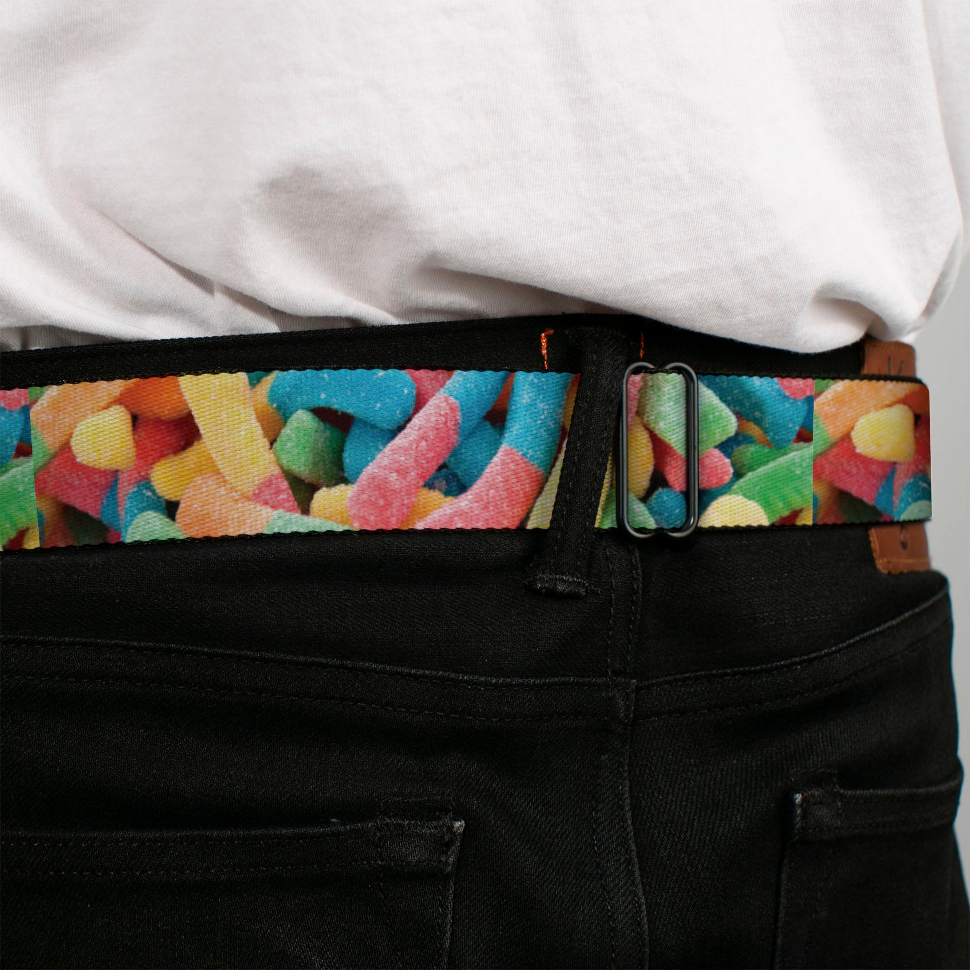 BD Wings Logo CLOSE-UP Full Color Black Silver Seatbelt Belt - Vivid Sour Worms Stacked Webbing Seatbelt Belts Buckle-Down