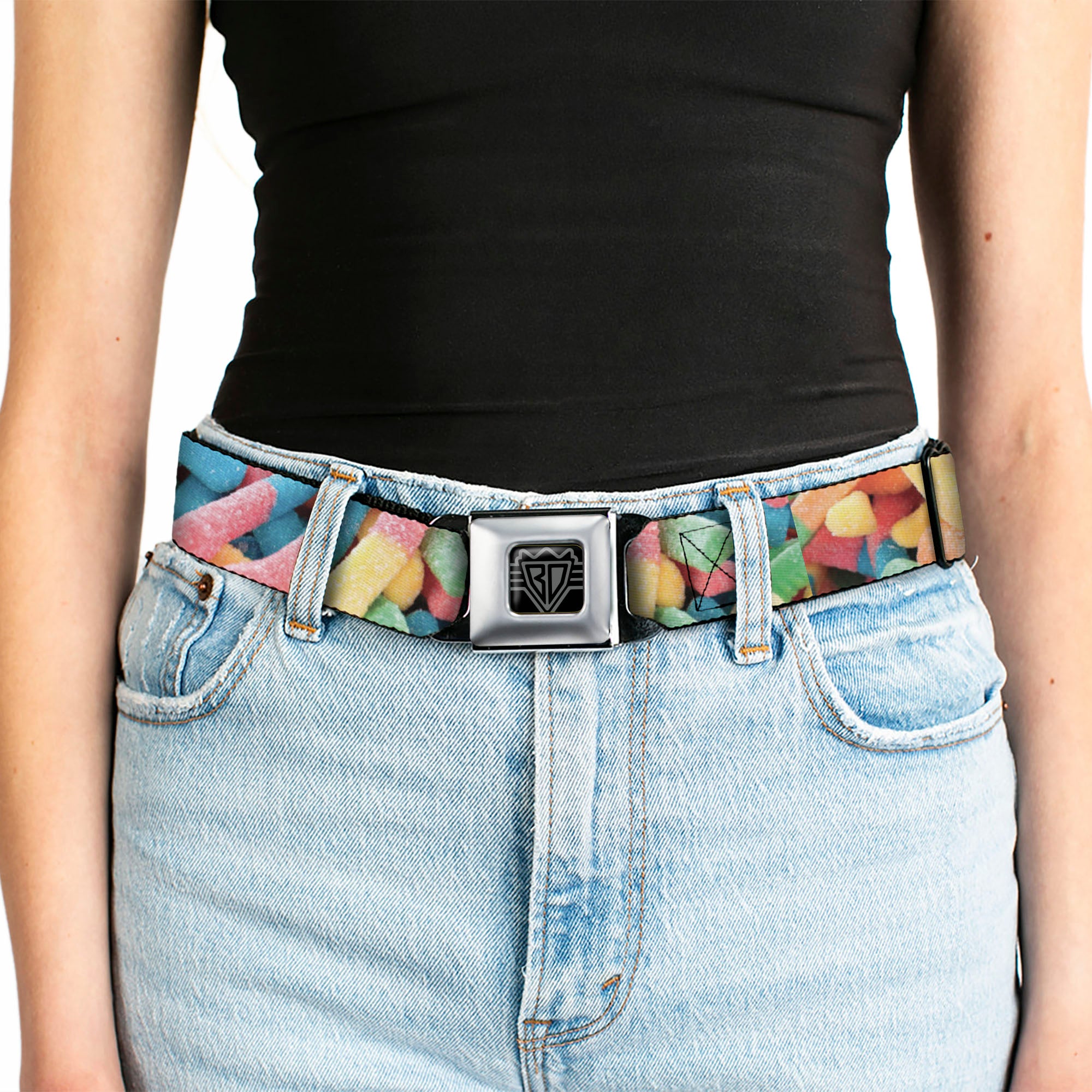 BD Wings Logo CLOSE-UP Full Color Black Silver Seatbelt Belt - Vivid Sour Worms Stacked Webbing Seatbelt Belts Buckle-Down