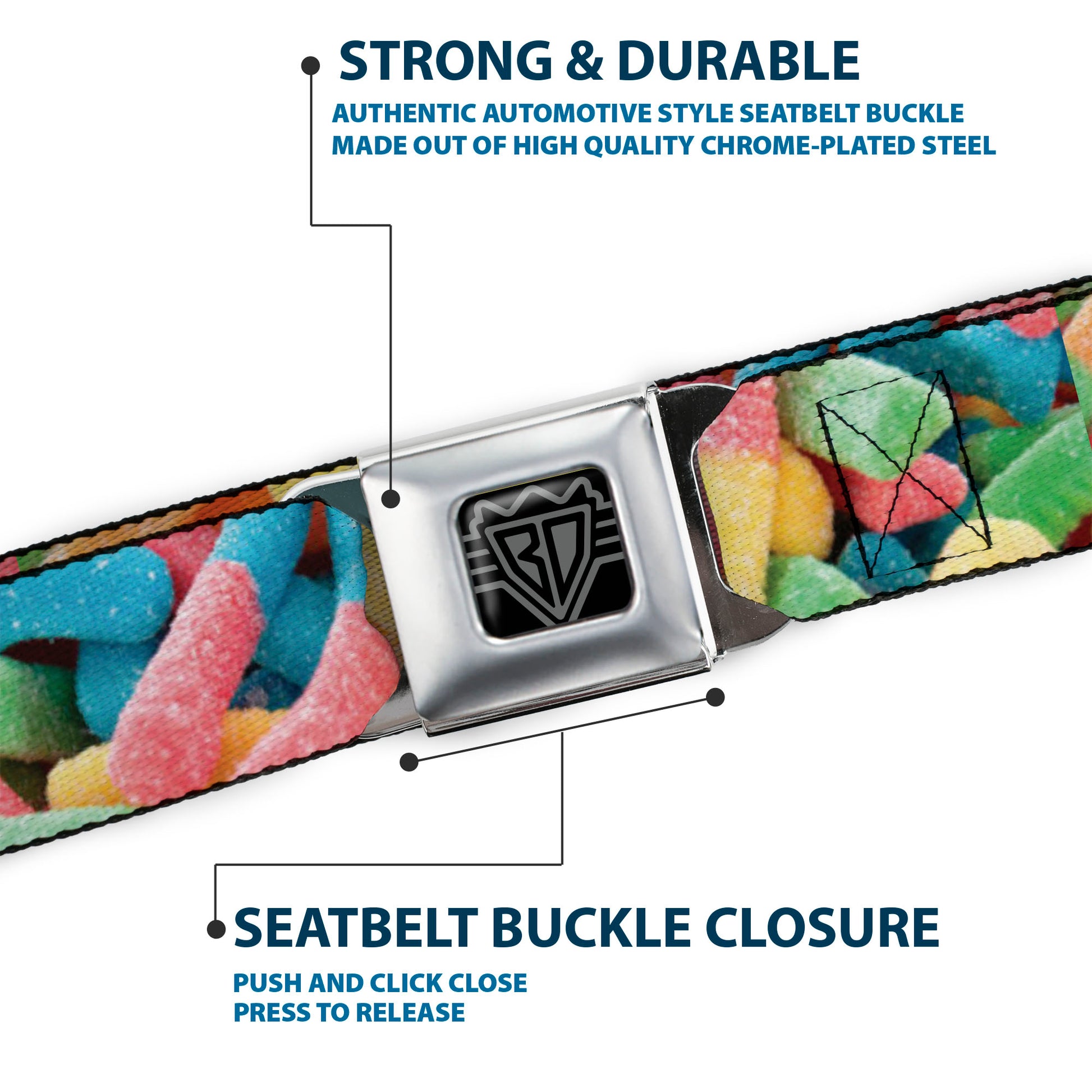 BD Wings Logo CLOSE-UP Full Color Black Silver Seatbelt Belt - Vivid Sour Worms Stacked Webbing Seatbelt Belts Buckle-Down