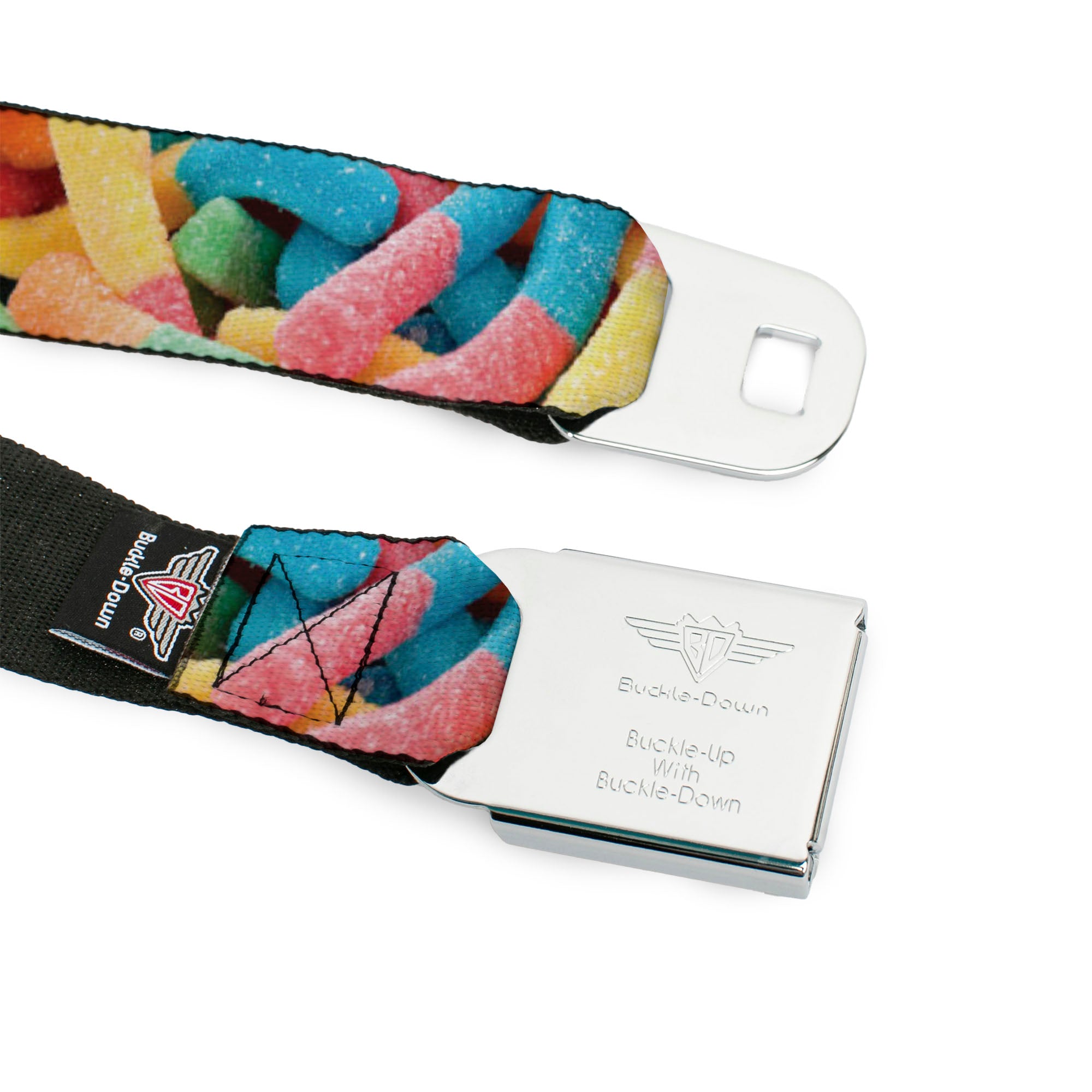 BD Wings Logo CLOSE-UP Full Color Black Silver Seatbelt Belt - Vivid Sour Worms Stacked Webbing Seatbelt Belts Buckle-Down
