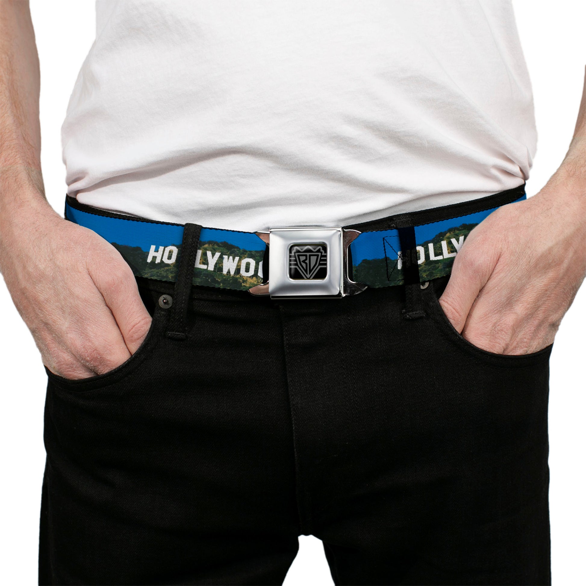 BD Wings Logo CLOSE-UP Full Color Black Silver Seatbelt Belt - Vivid HOLLYWOOD Sign Webbing Seatbelt Belts Buckle-Down