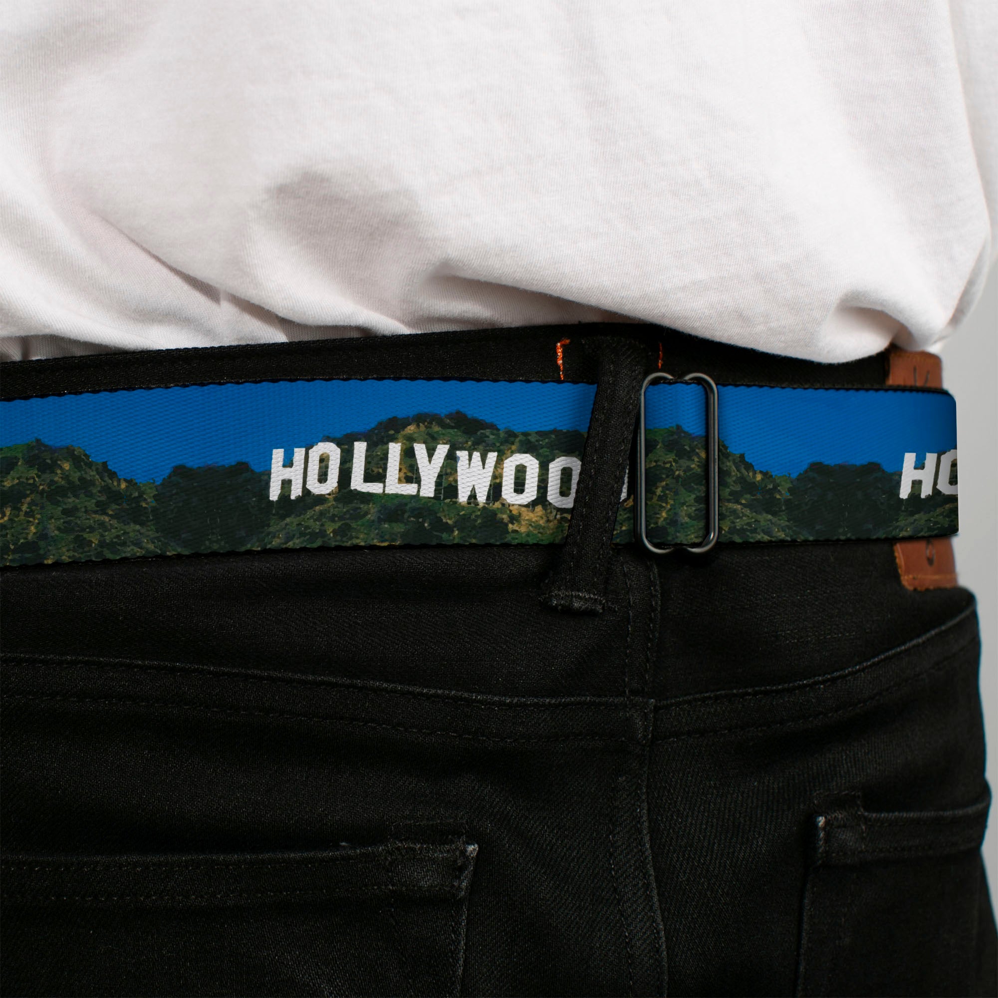 BD Wings Logo CLOSE-UP Full Color Black Silver Seatbelt Belt - Vivid HOLLYWOOD Sign Webbing Seatbelt Belts Buckle-Down