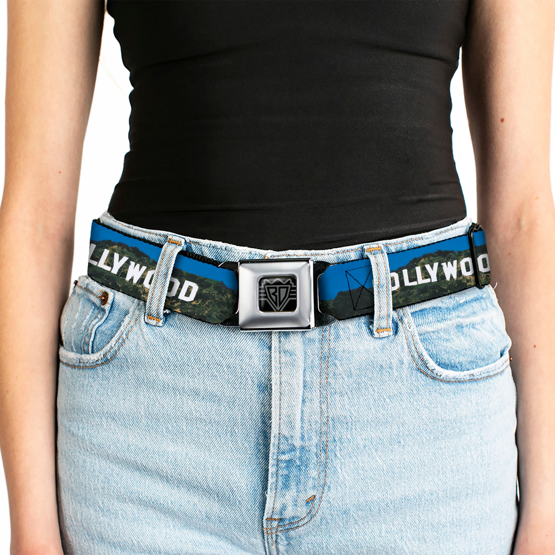 BD Wings Logo CLOSE-UP Full Color Black Silver Seatbelt Belt - Vivid HOLLYWOOD Sign Webbing Seatbelt Belts Buckle-Down
