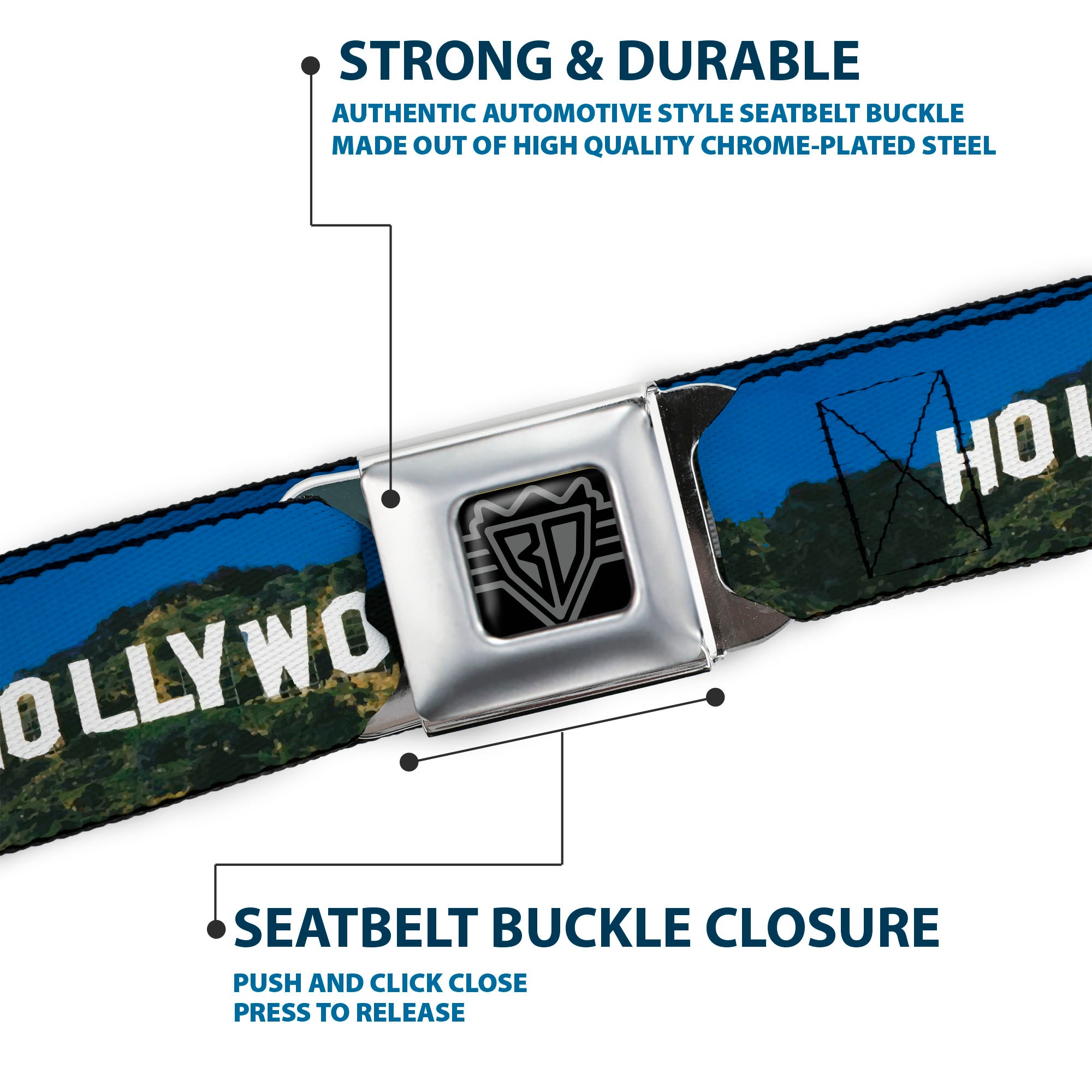 BD Wings Logo CLOSE-UP Full Color Black Silver Seatbelt Belt - Vivid HOLLYWOOD Sign Webbing Seatbelt Belts Buckle-Down