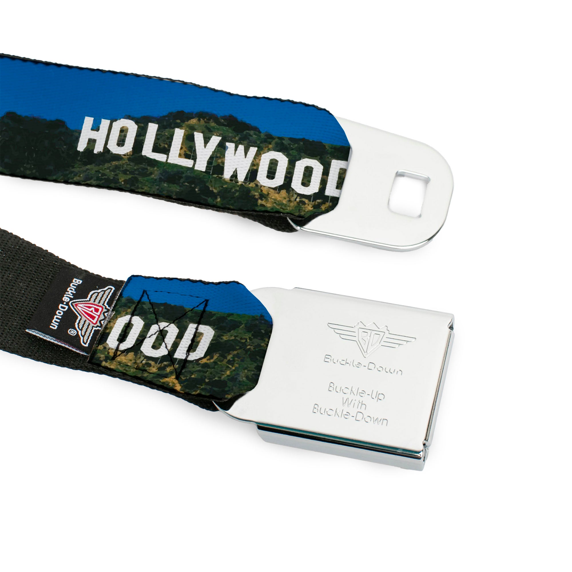 BD Wings Logo CLOSE-UP Full Color Black Silver Seatbelt Belt - Vivid HOLLYWOOD Sign Webbing Seatbelt Belts Buckle-Down