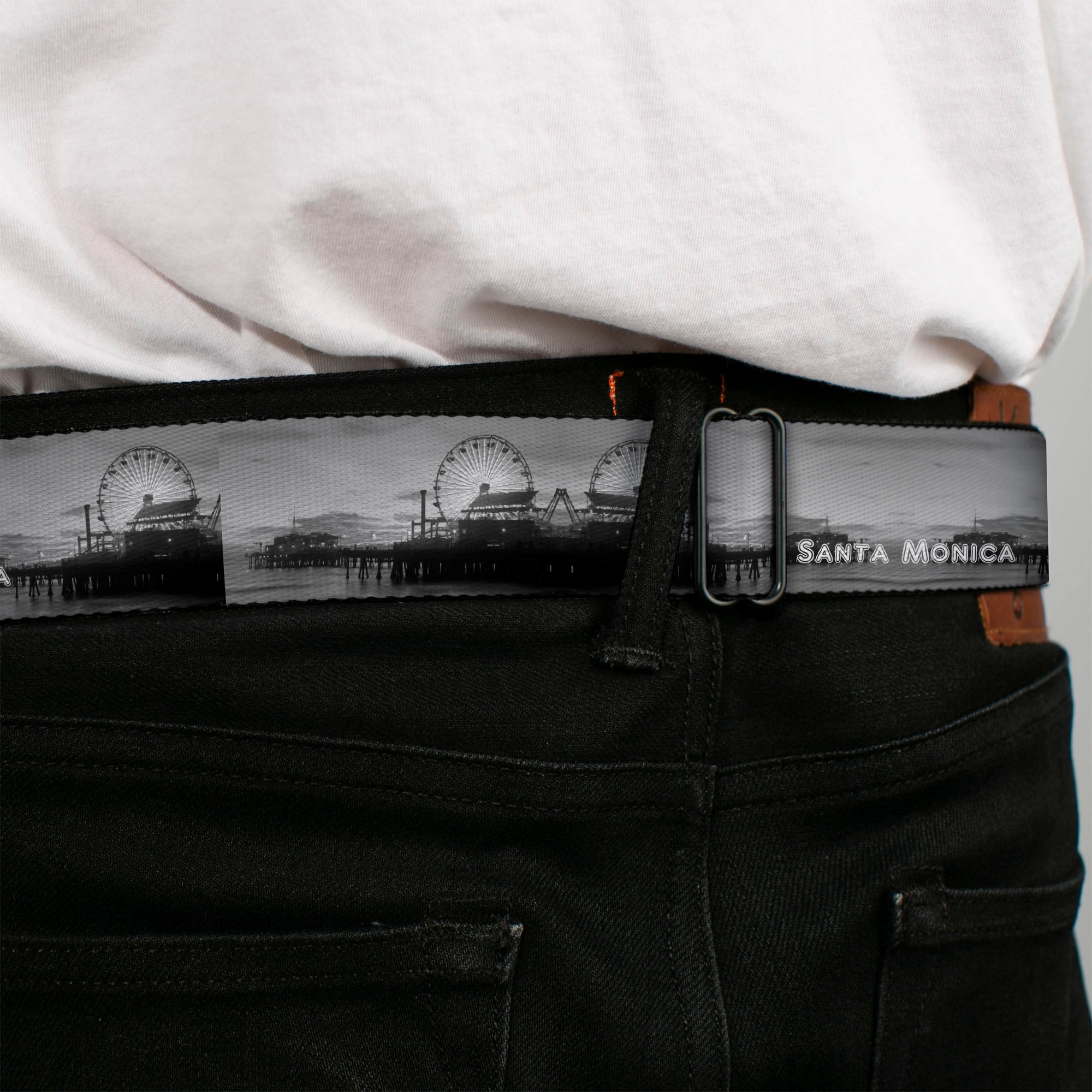 BD Wings Logo CLOSE-UP Full Color Black Silver Seatbelt Belt - Vivid SANTA MONICA Pier Skyline Grays/White Webbing Seatbelt Belts Buckle-Down