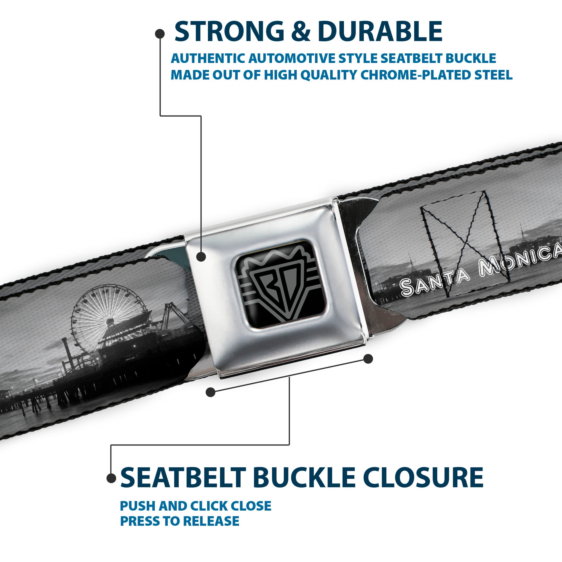 BD Wings Logo CLOSE-UP Full Color Black Silver Seatbelt Belt - Vivid SANTA MONICA Pier Skyline Grays/White Webbing Seatbelt Belts Buckle-Down