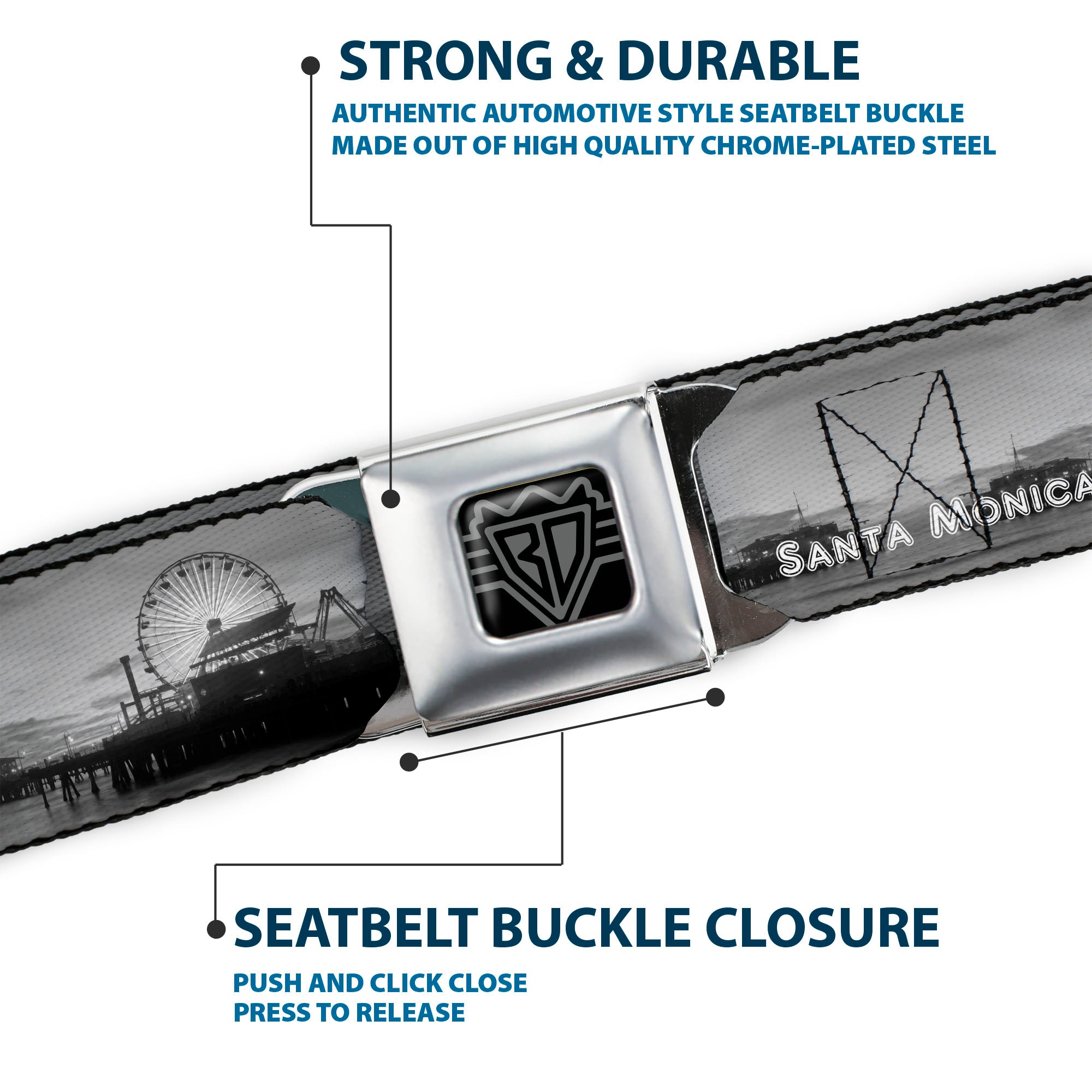 BD Wings Logo CLOSE-UP Full Color Black Silver Seatbelt Belt - Vivid SANTA MONICA Pier Skyline Grays/White Webbing Seatbelt Belts Buckle-Down