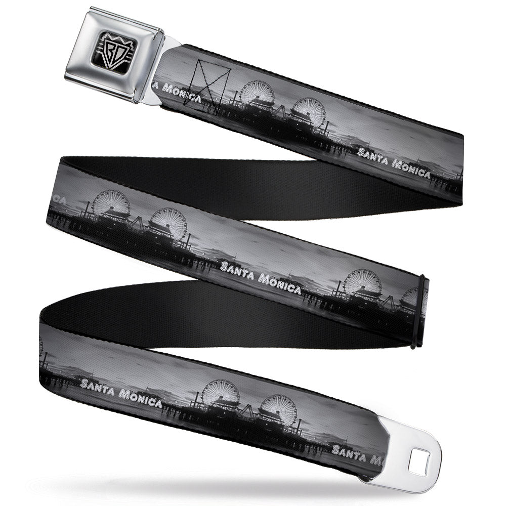 BD Wings Logo CLOSE-UP Full Color Black Silver Seatbelt Belt - Vivid SANTA MONICA Pier Skyline Grays/White Webbing Seatbelt Belts Buckle-Down