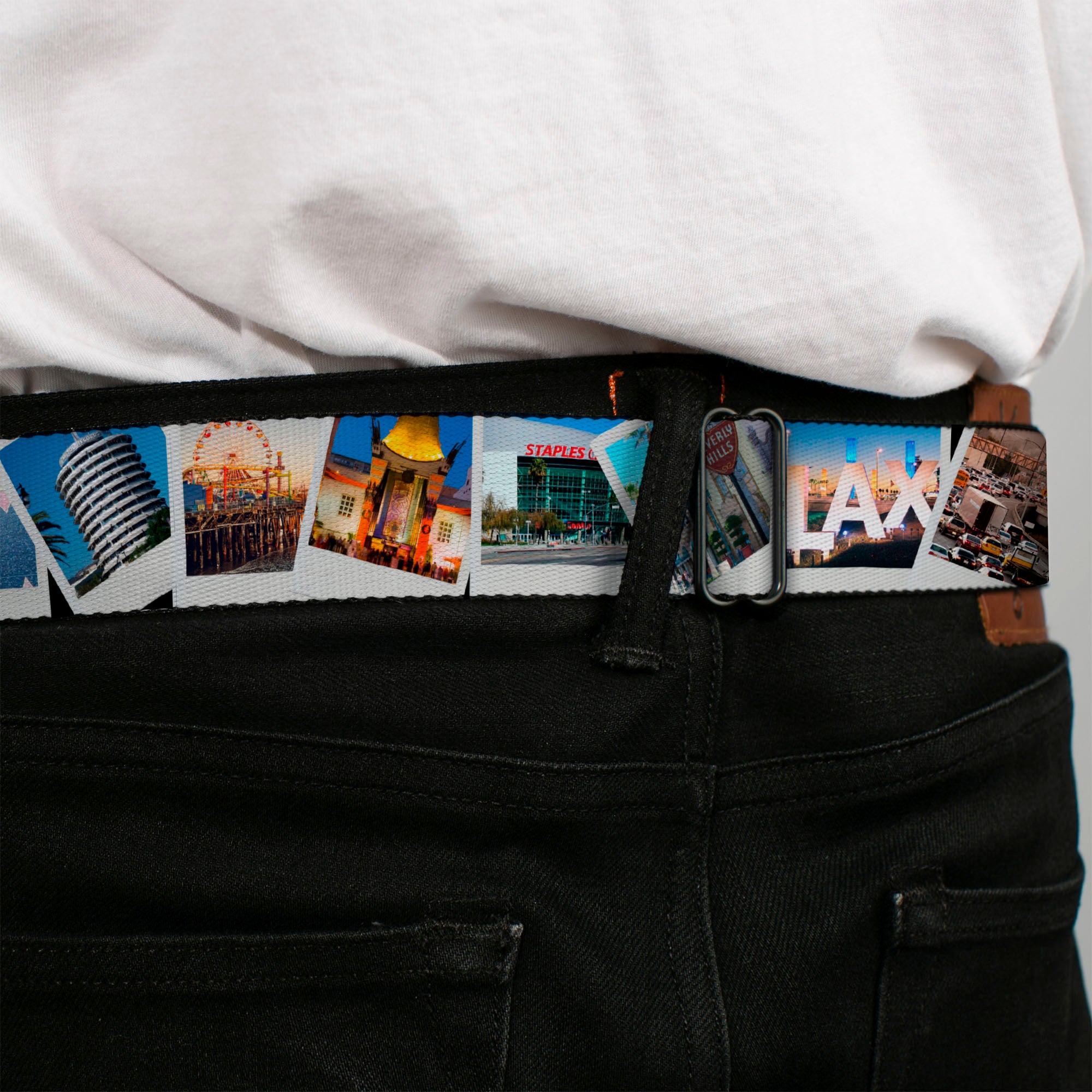 BD Wings Logo CLOSE-UP Full Color Black Silver Seatbelt Belt - Vivid Los Angeles Snapshots Stacked Webbing Seatbelt Belts Buckle-Down